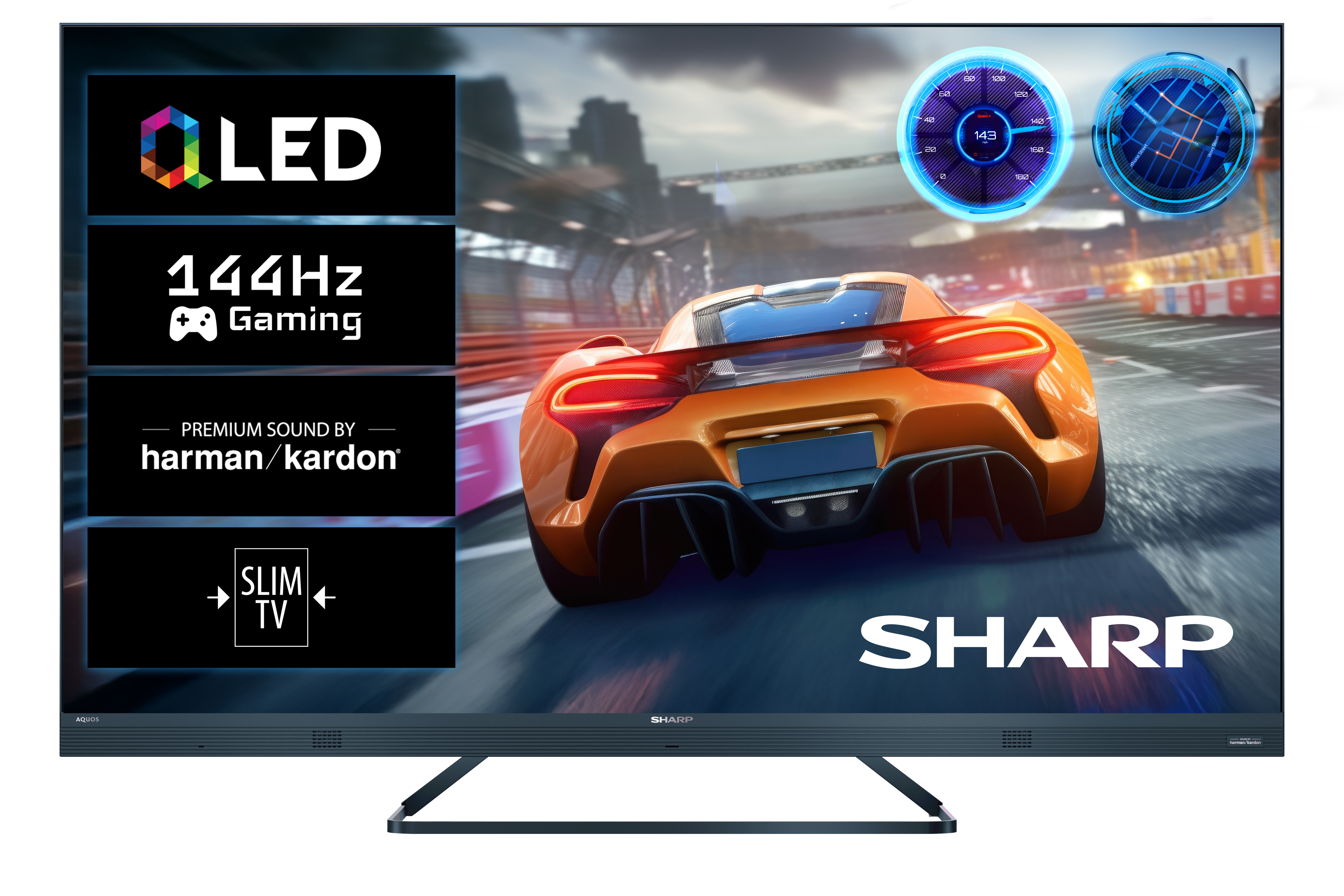 Telewizor Sharp z samochodem wyścigowym, z OLED, grami i Harman/Kardon.