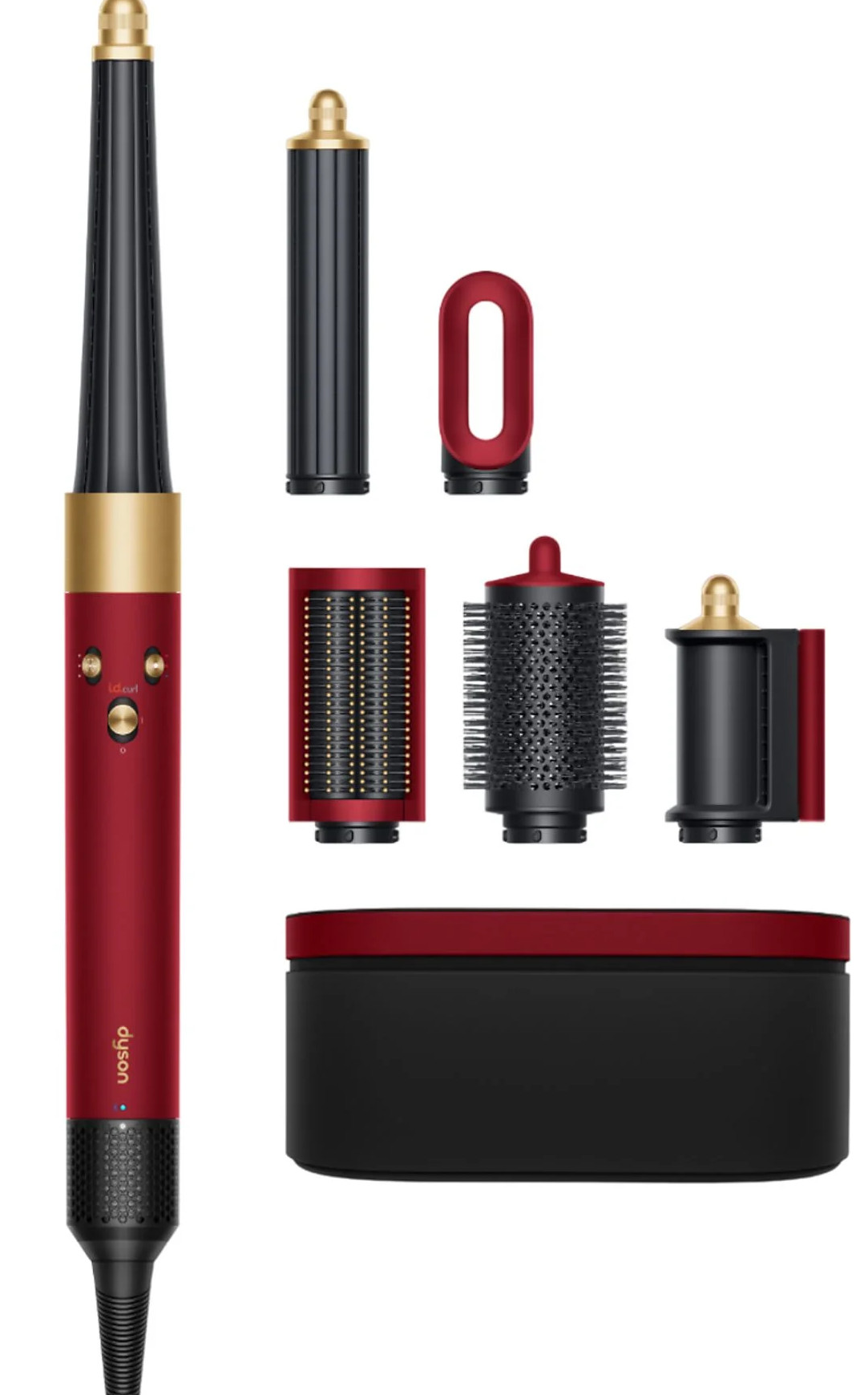 Prostownica do włosów Dyson i kilka akcesoriów. Schemat kolorów czerwono-czarny. Białe tło.