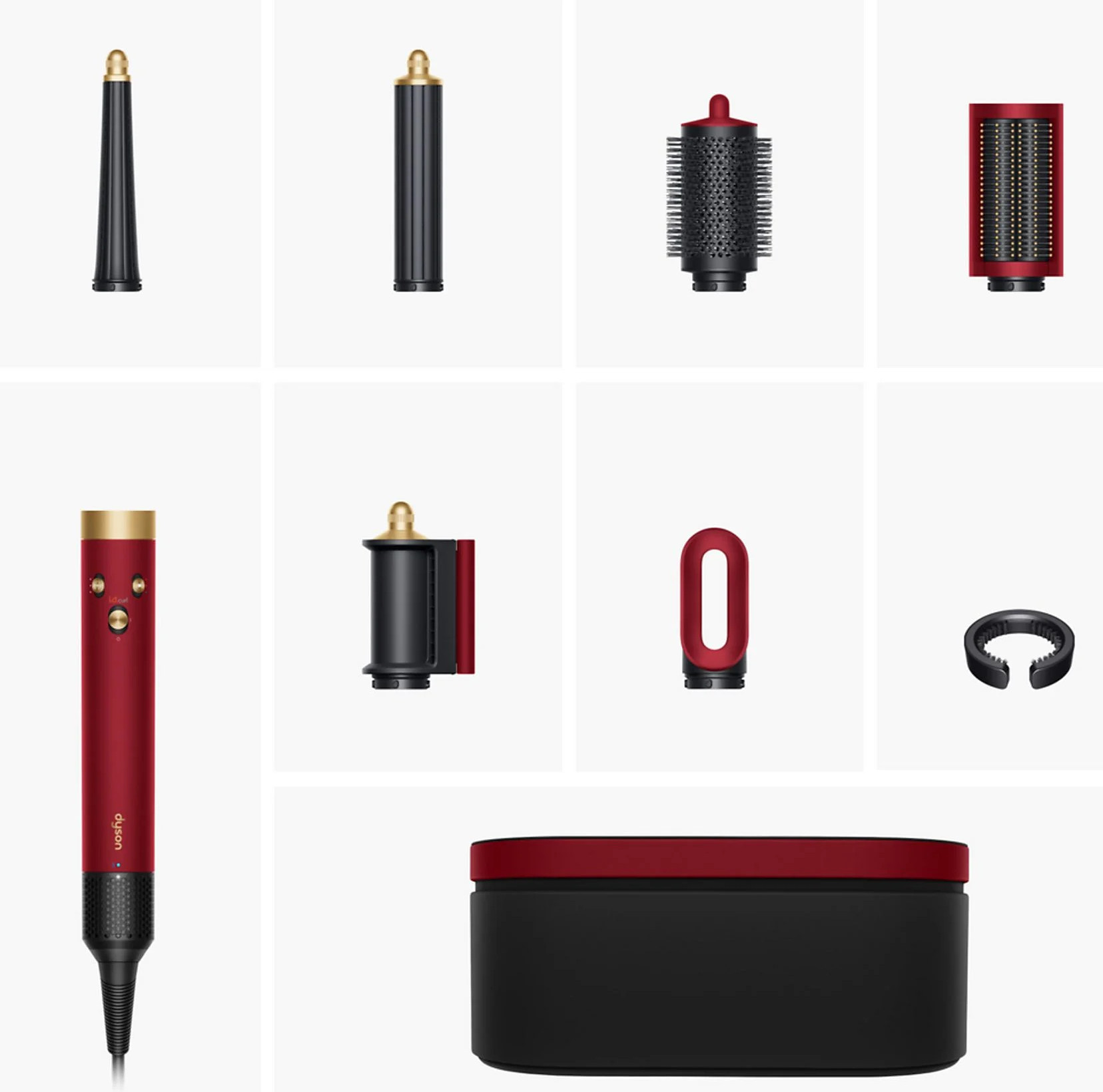 Narzędzia do stylizacji włosów Dyson w czerwono-czarnym designie na białym tle.