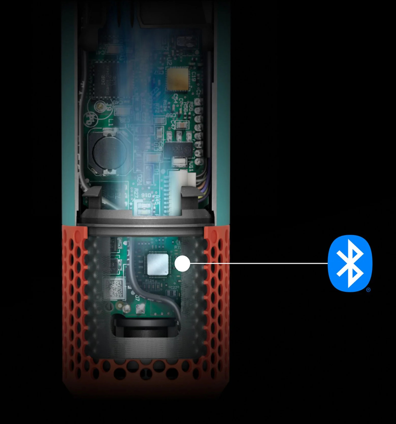 Widok wewnętrzny urządzenia z płytkami drukowanymi, przewodami i symbolem Bluetooth. Ma pomarańczową obudowę.