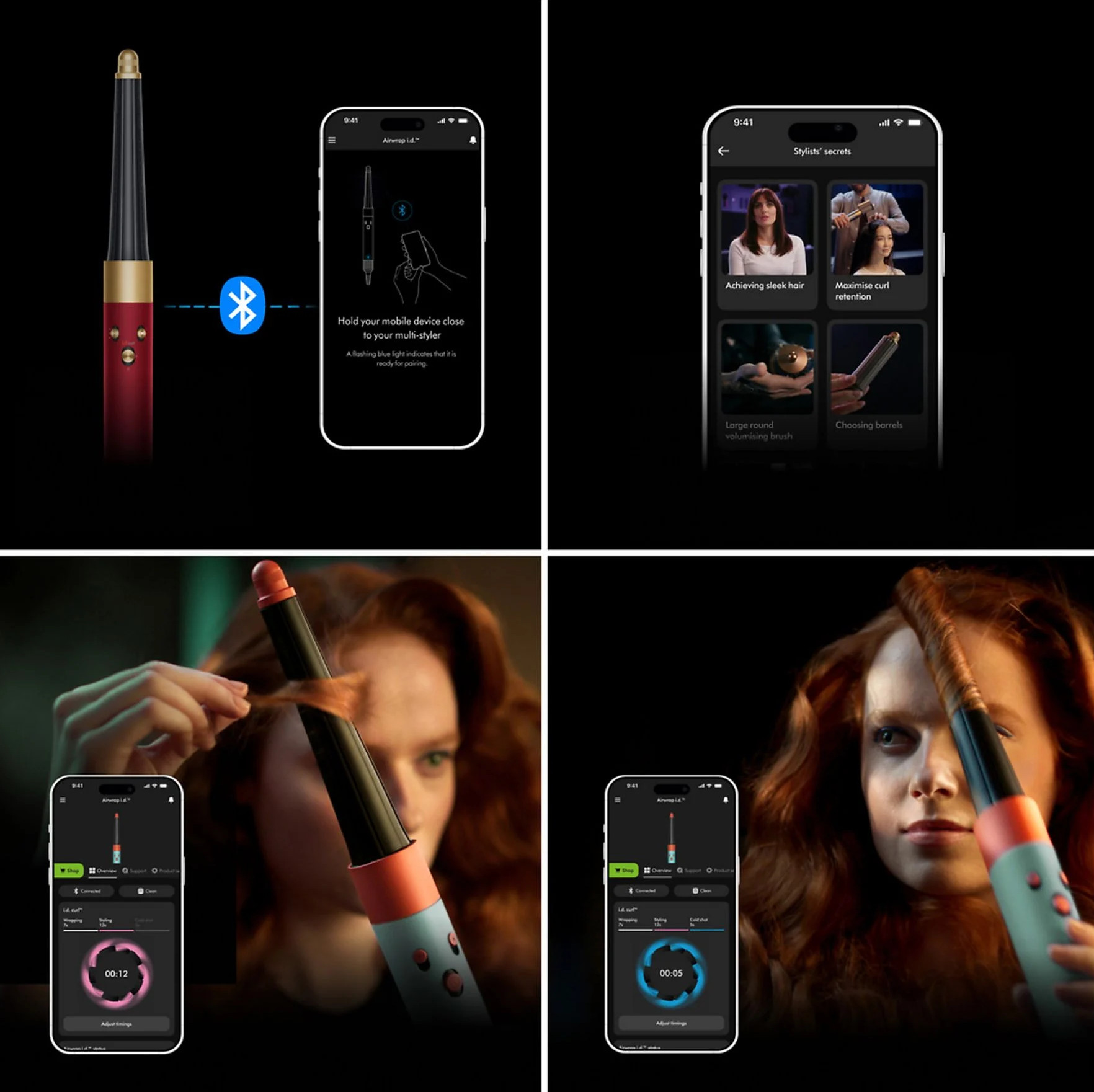 Ekrany aplikacji do kręcenia włosów i kobieta stylizująca włosy lokówką. Pokazano różne funkcje aplikacji.