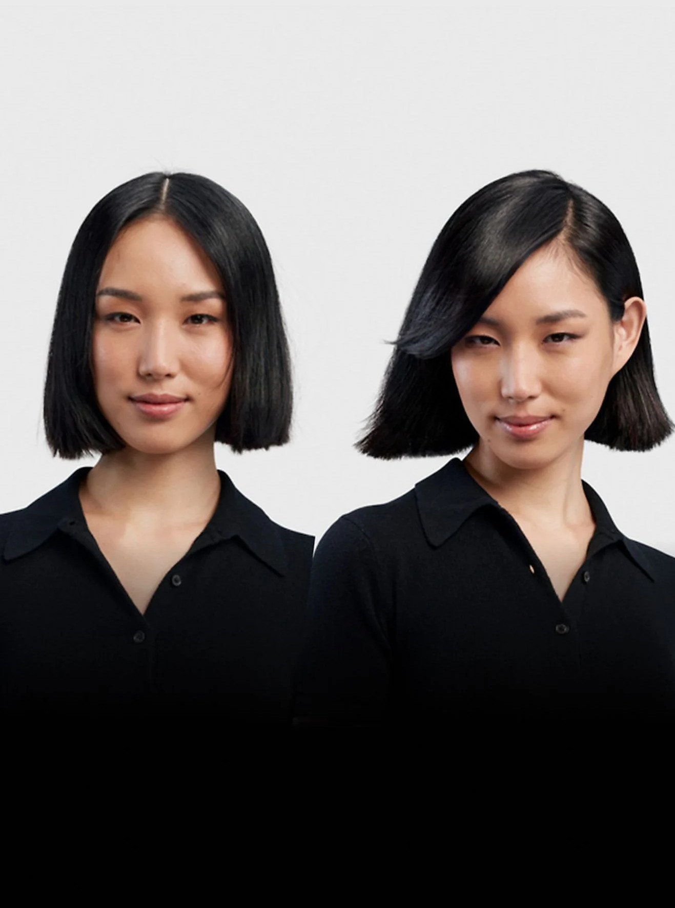Dwie kobiety z czarnymi włosami, jedna z bobem, druga z zaczesanymi na bok, obie w czarnych koszulach.