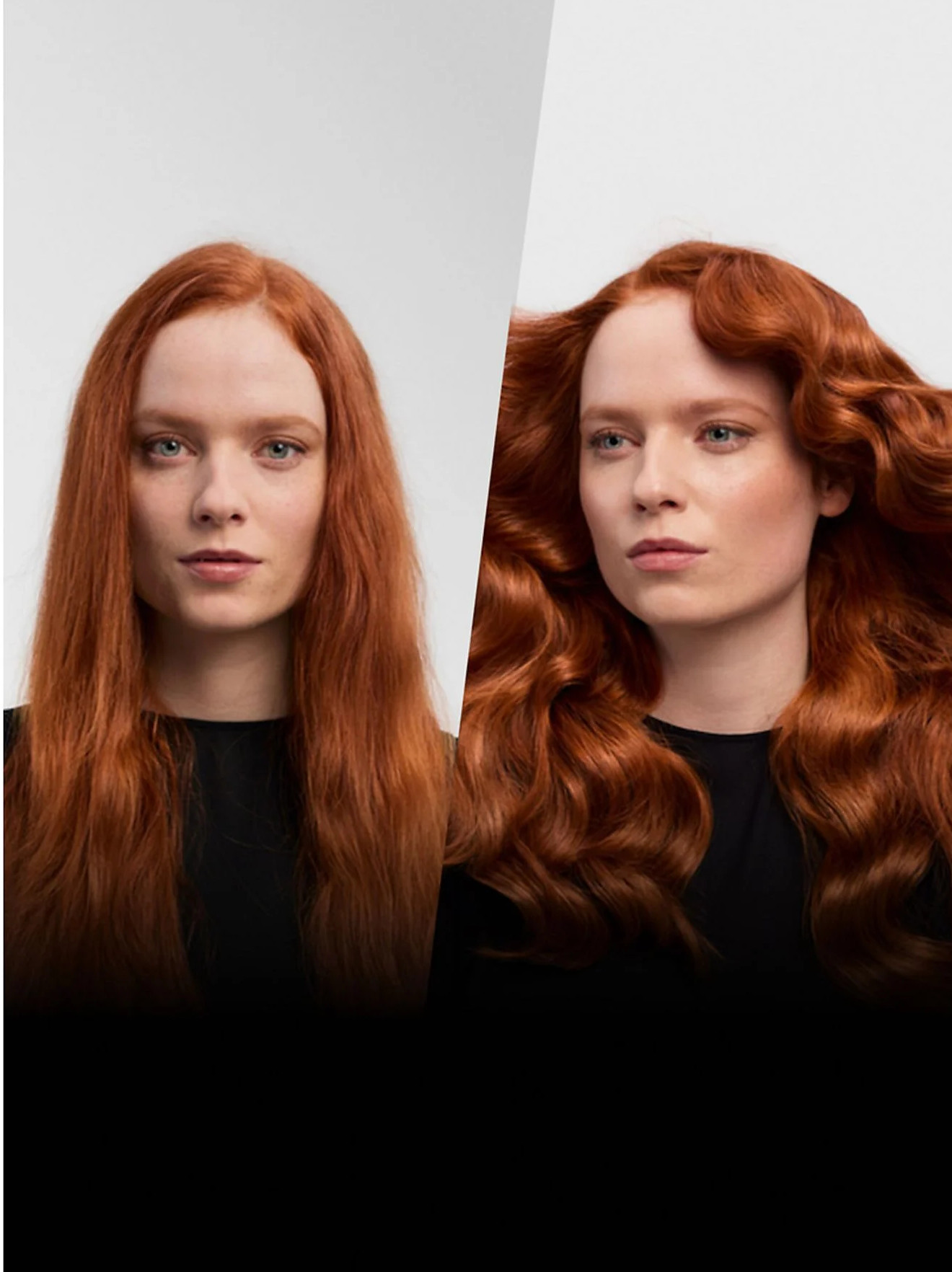Kobieta z rudymi włosami, proste po lewej i falowane po prawej stronie obrazu.