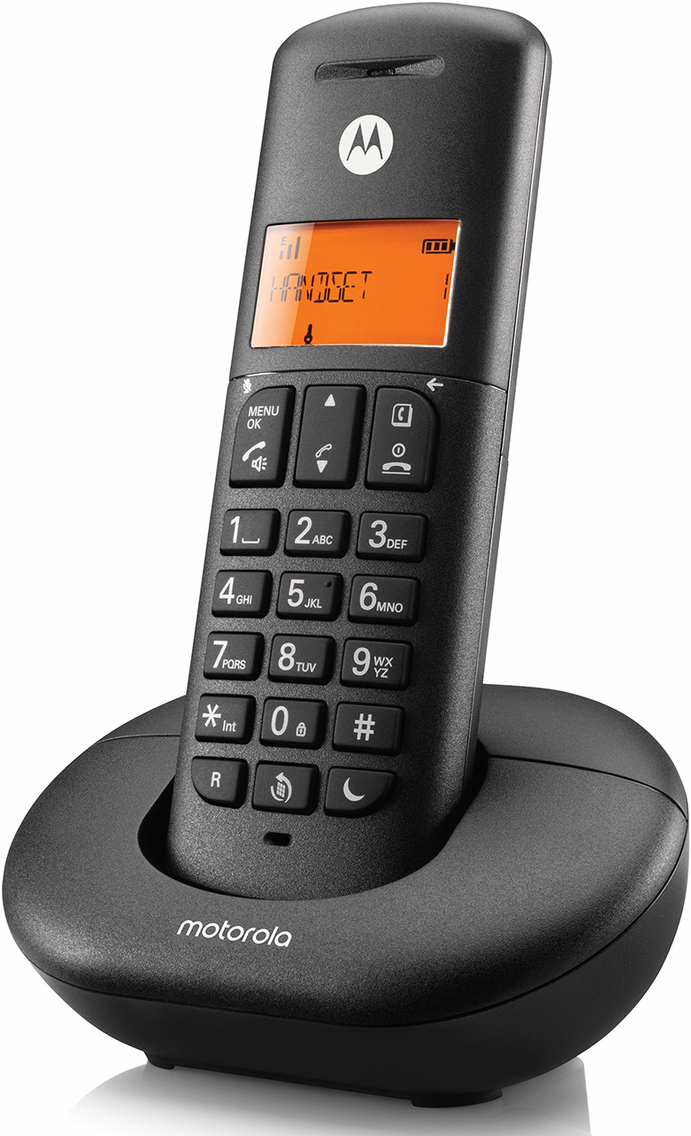 Egy fekete Motorola vezeték nélküli telefon alappal. A képernyőn a 'HANDSET' szó látható.