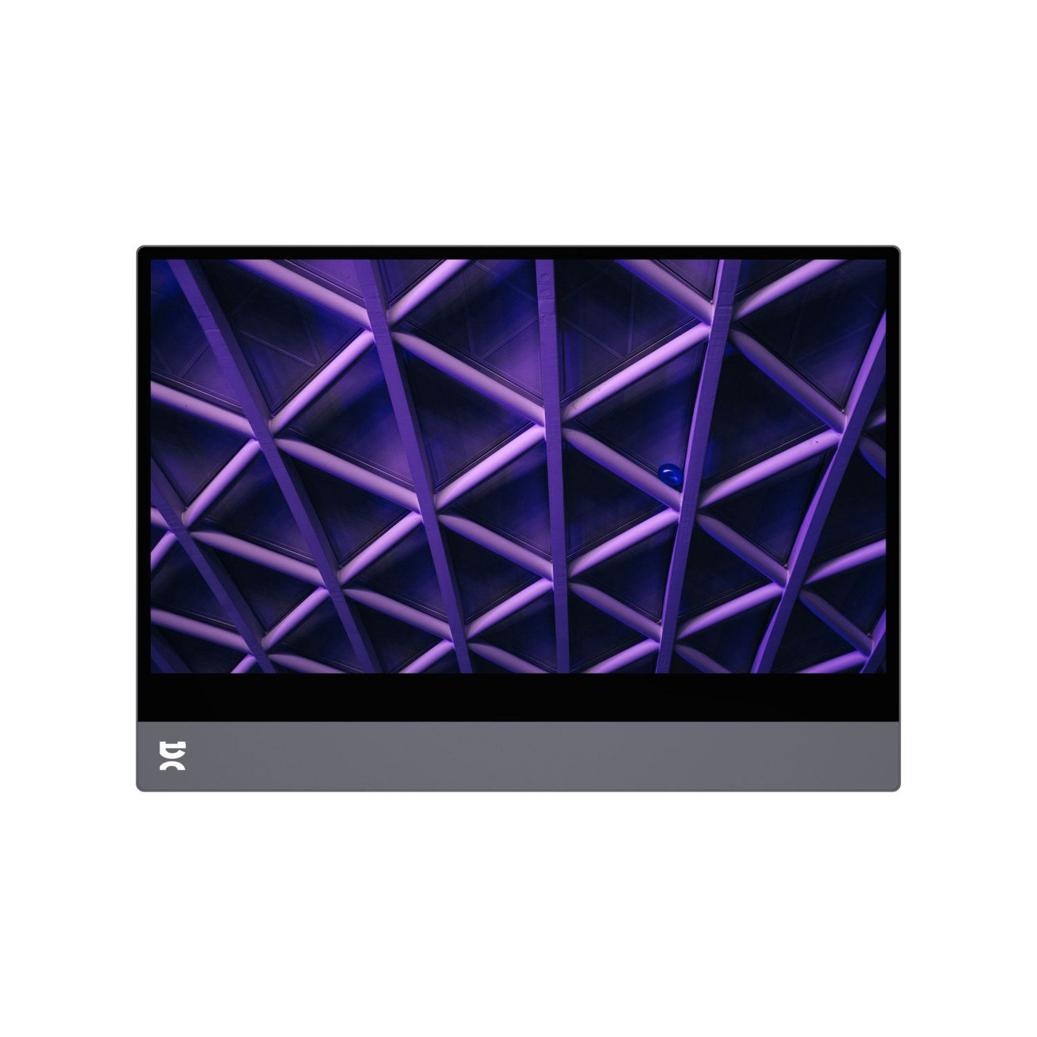 View of a ceiling with a grid of white beams and purple lighting. Black background.
