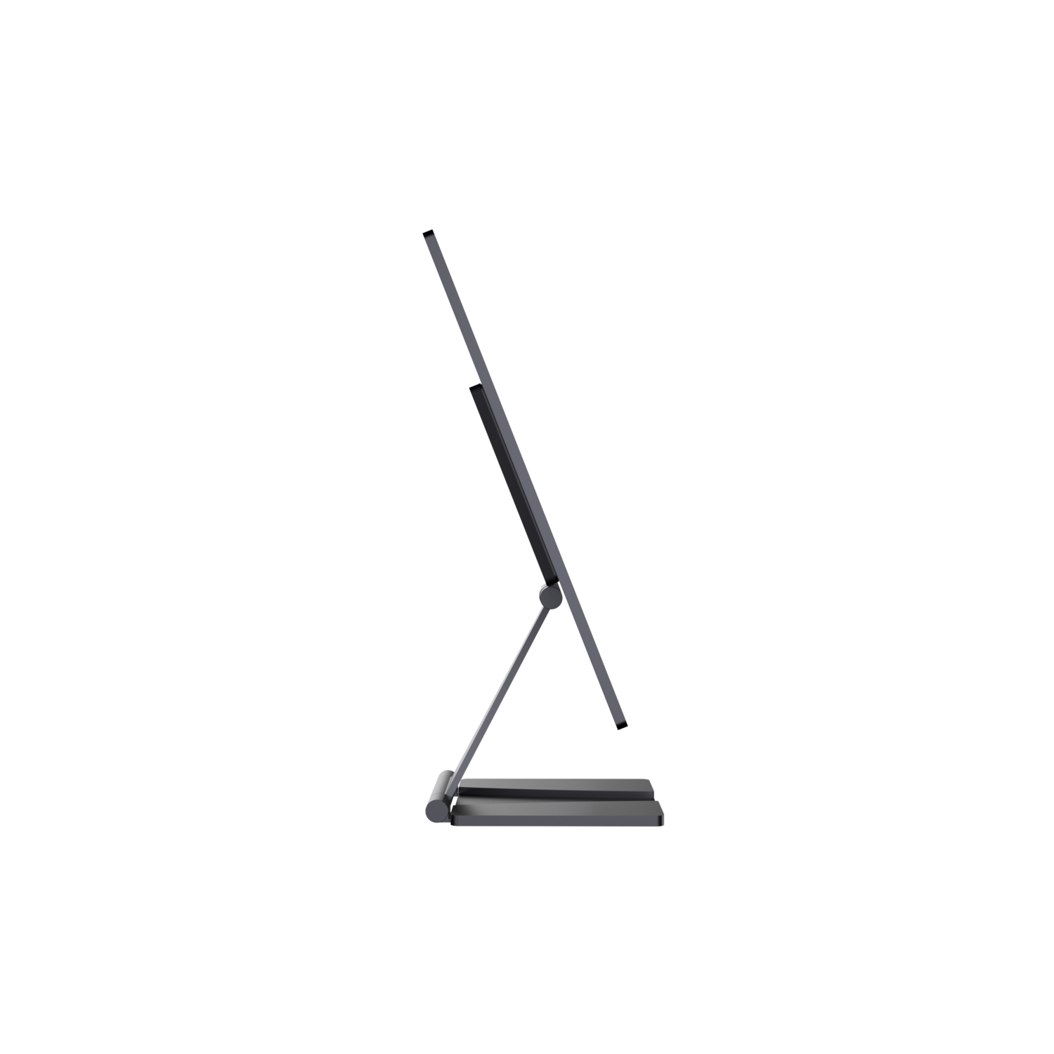 A side view of a black monitor on a silver stand, set against a black background.
