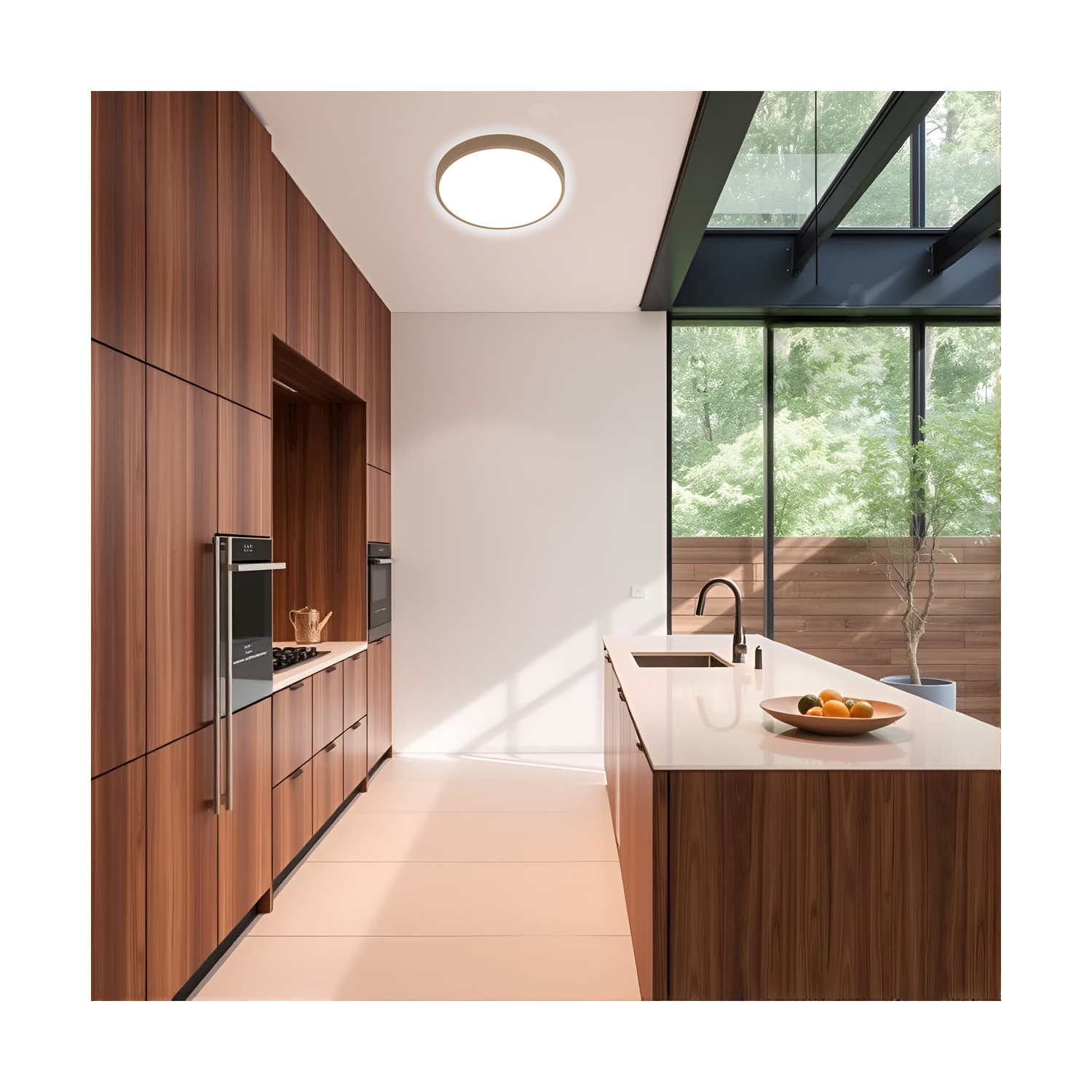Una cucina con mobili in legno, un piano di lavoro bianco e una finestra con vista sugli alberi.