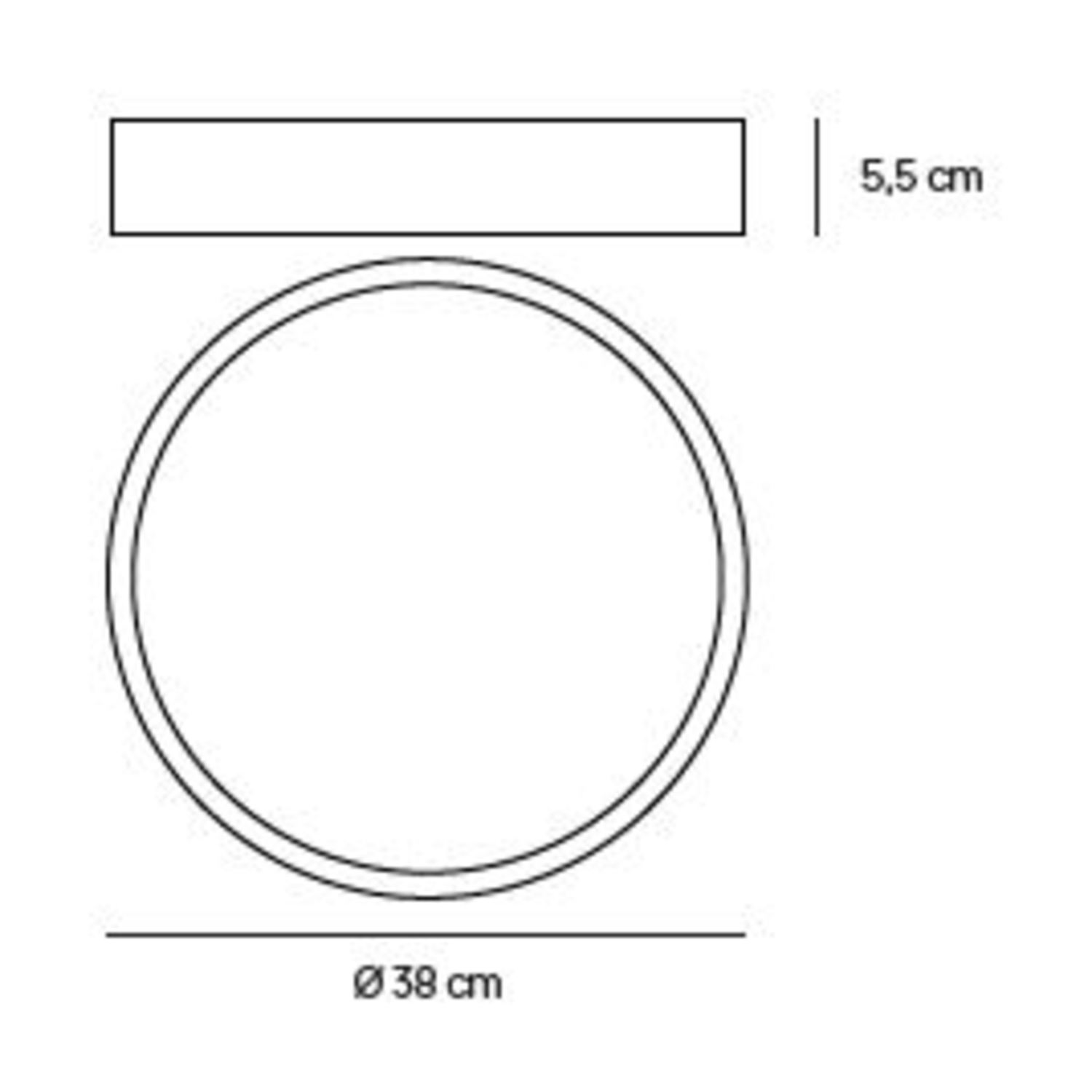 Un apparecchio di illuminazione circolare, dimensioni indicate: 38 cm di diametro, 5,5 cm di altezza.