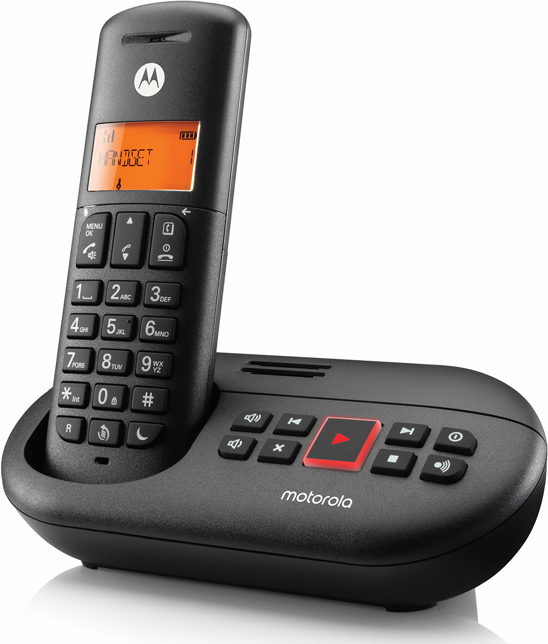 Fekete vezeték nélküli telefon Motorola logóval. Az alap több gombbal és piros lejátszás gombbal rendelkezik. Narancssárga kijelző.