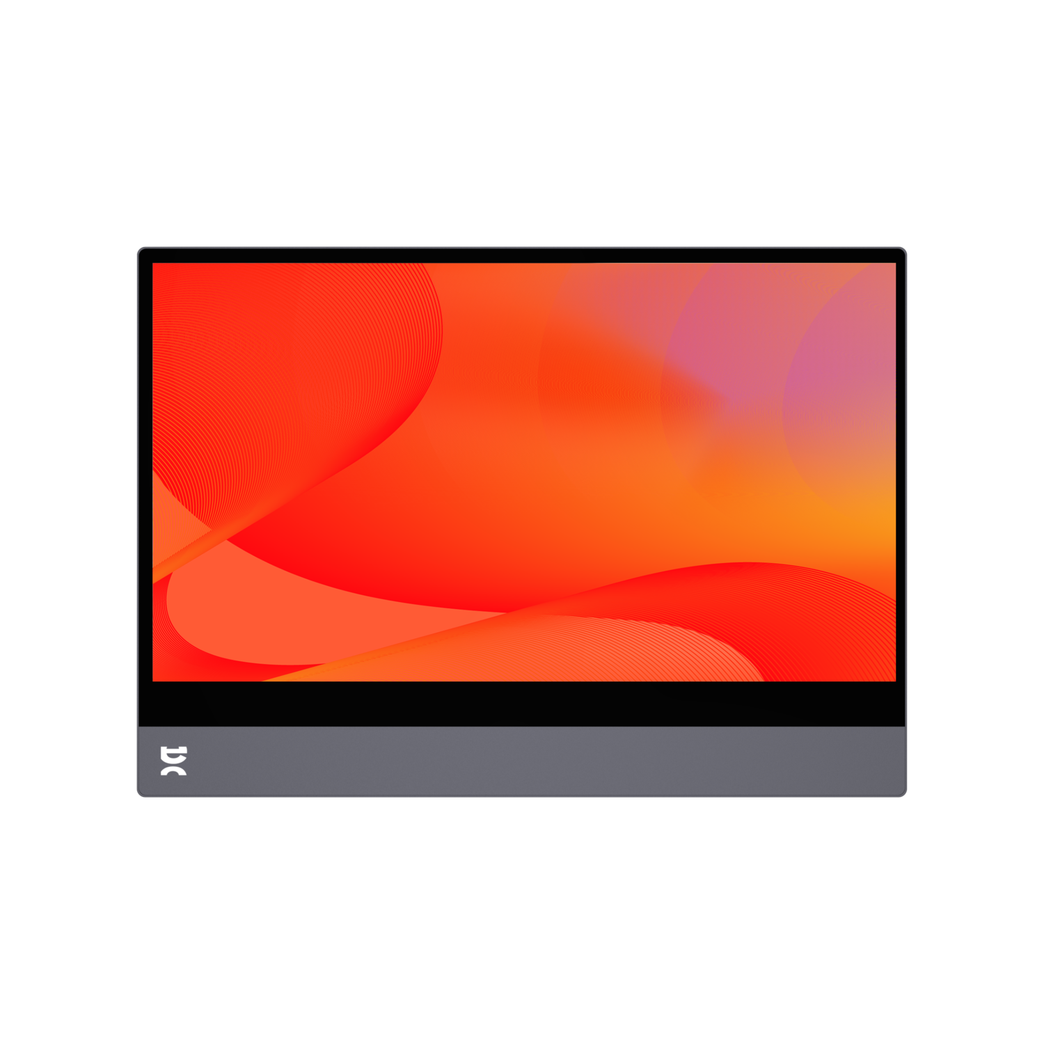 Interactive touchscreen monitor with a vibrant orange and red background. Black base.