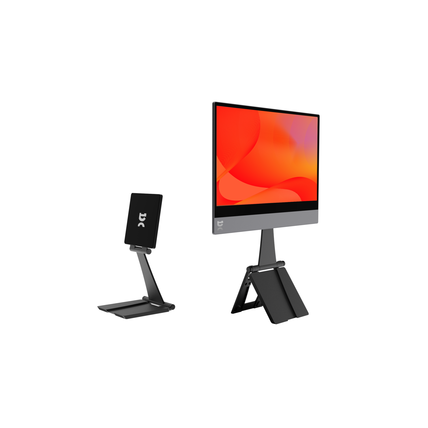 Two interactive touchscreen monitors on black stands, orange and red background on screens.