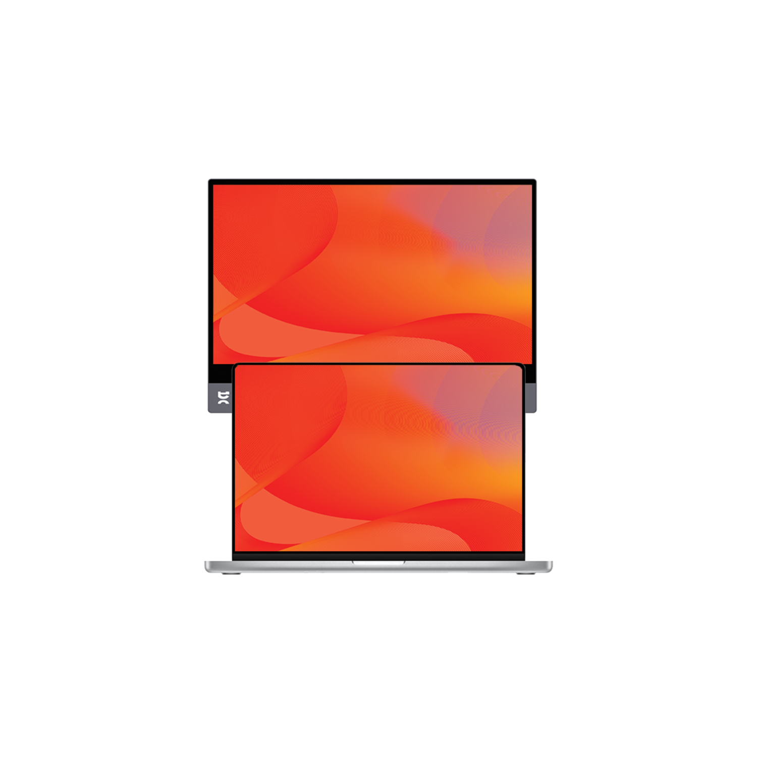 Interactive touchscreen monitor above a laptop, both showing an orange and red background.