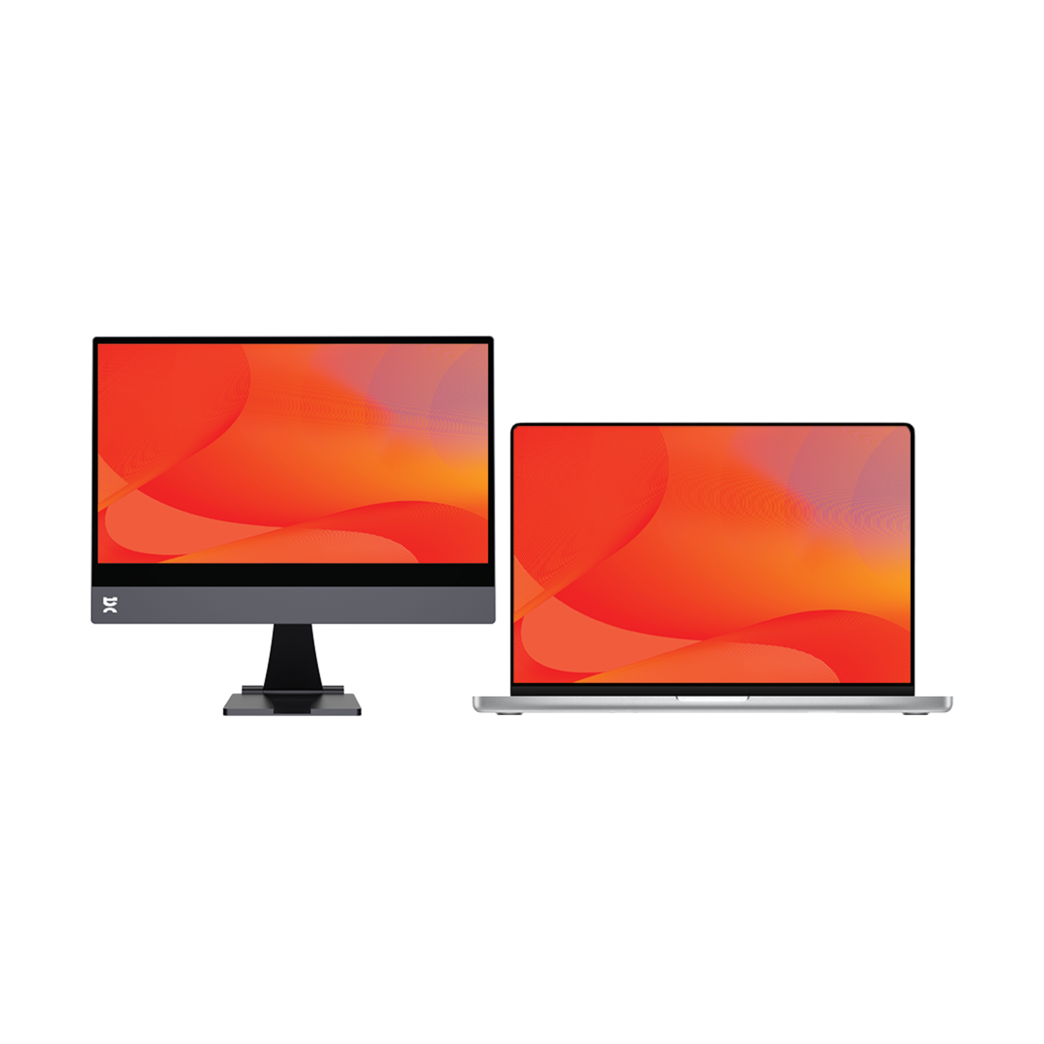 Monitor and laptop on black background. Displays have red, orange and yellow abstract design.