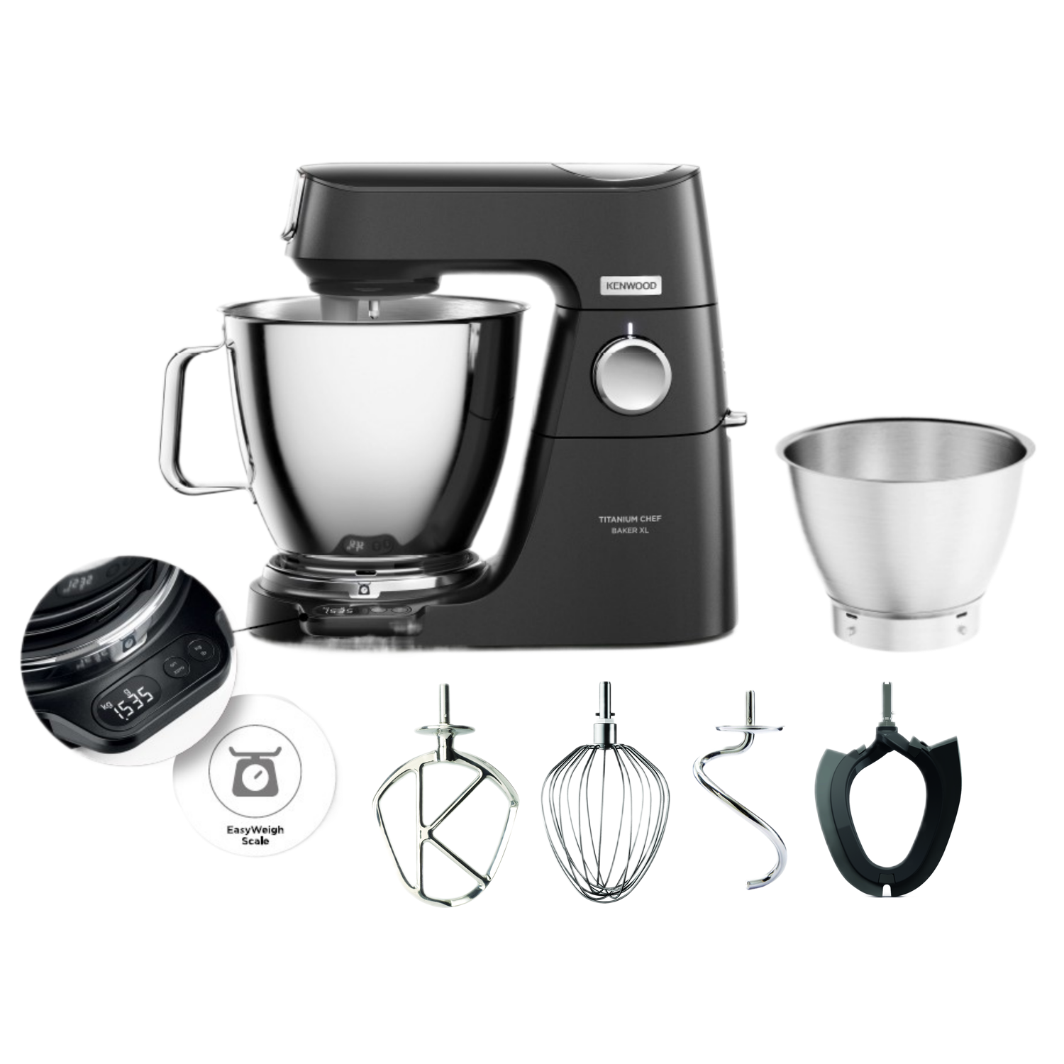 Un robot de cuisine noir Kenwood Titanium Chef Baker XL, avec accessoires et bols, sur fond blanc.