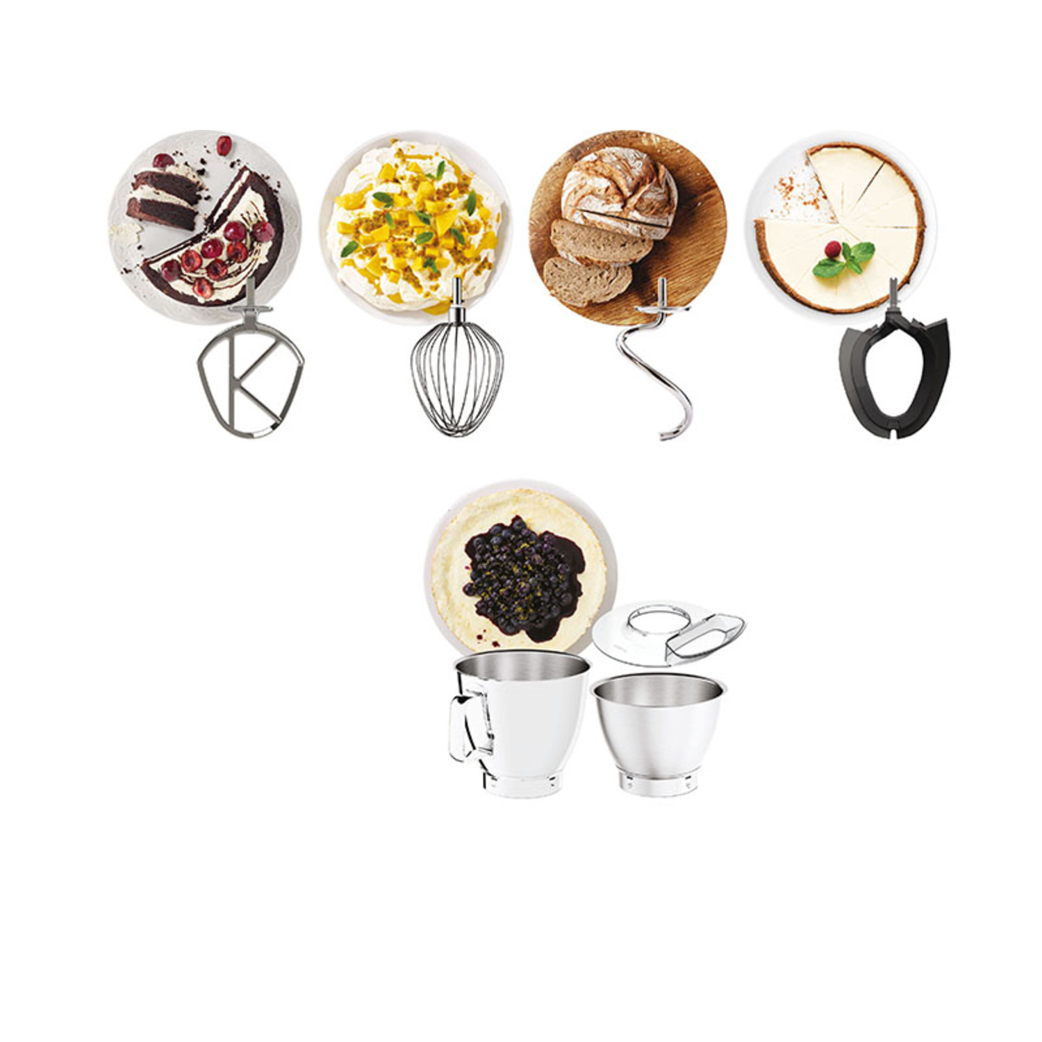 Divers outils et ingrédients de pâtisserie disposés sur des assiettes et des bols. Il y a des desserts.