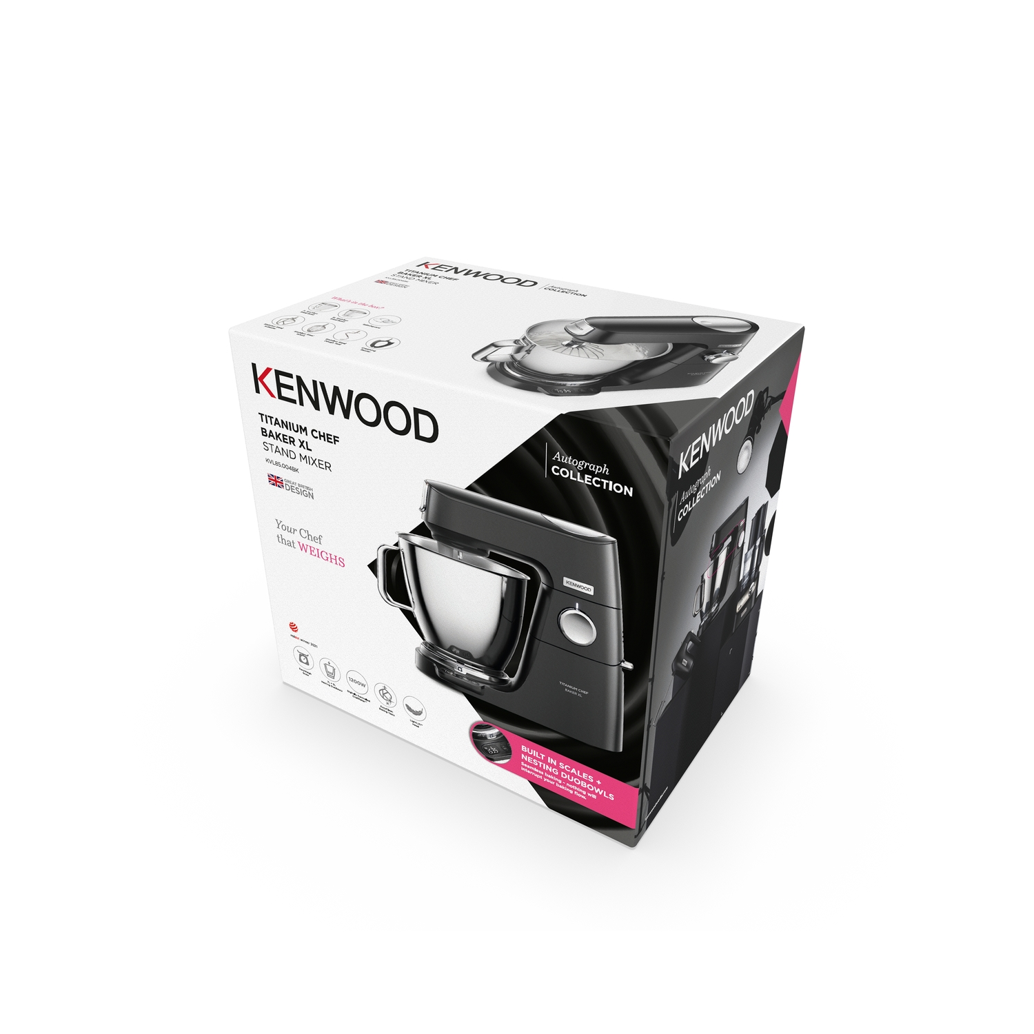 Un robot culinaire Kenwood exposé dans une boîte. La boîte est noire et blanche avec des images dessus.