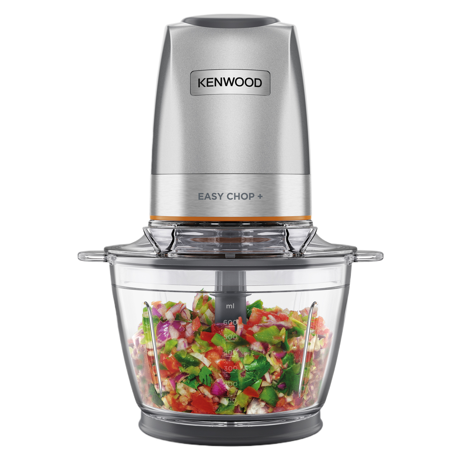 Kenwood Easy Chop + keukenmachine met een transparante kom gevuld met gesneden groenten.