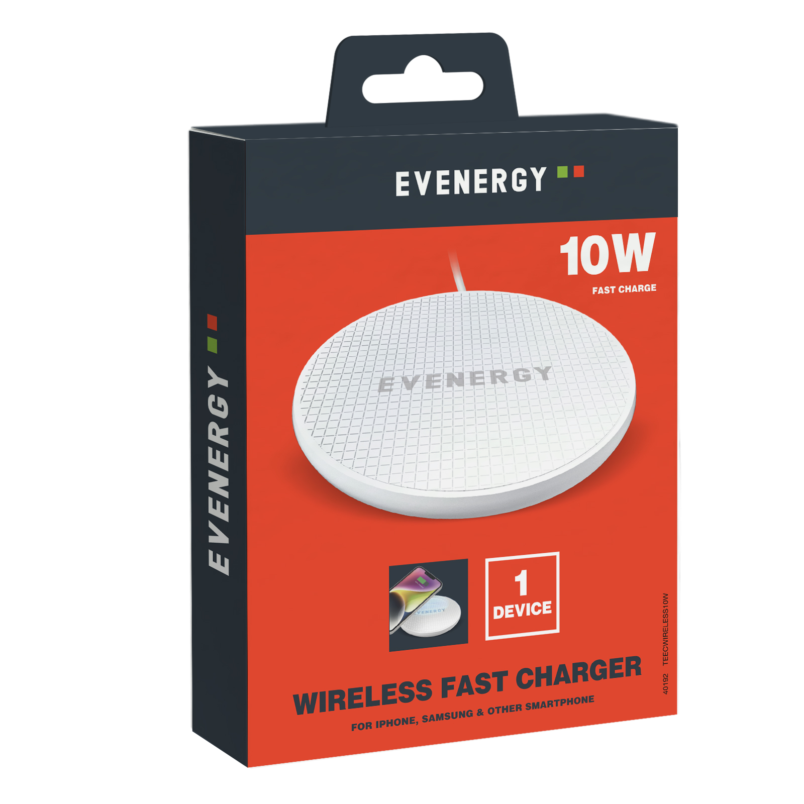 Eine weiße Evenergy kabellose Schnellladegerät-Box mit einem 10W Schnellladeetikett.