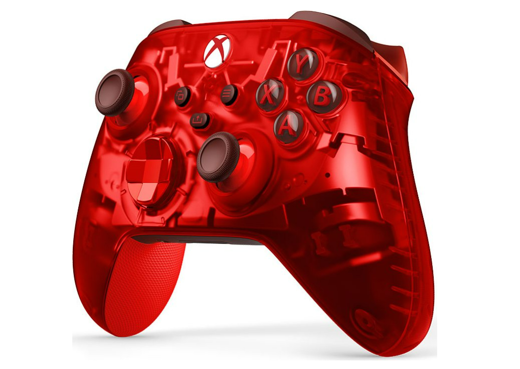 Roter, transparenter Xbox-Controller. Weißes Xbox-Logo oben. Schwarze Thumbsticks und Tasten.