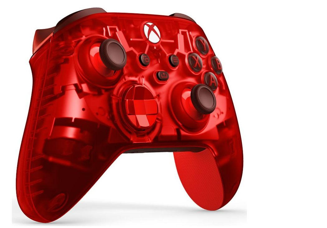 Roter, transparenter Xbox-Controller, mit sichtbaren Knöpfen und Joysticks.