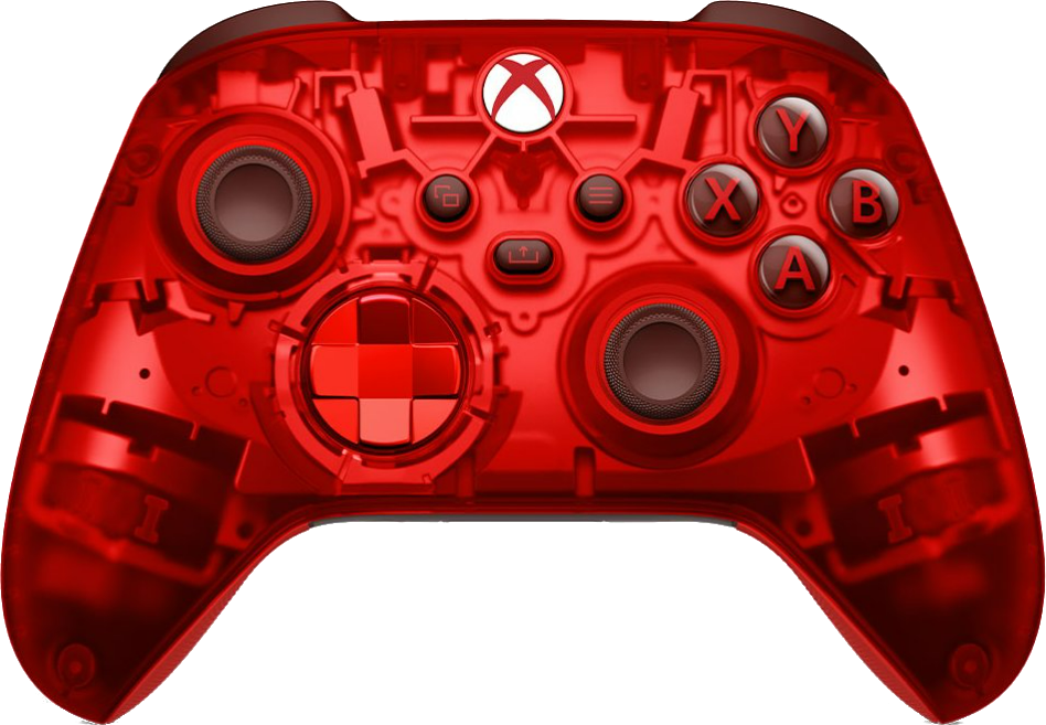 Ein transparent roter Xbox-Controller mit den Tasten A, B, X, Y und einem zentralen Xbox-Logo.