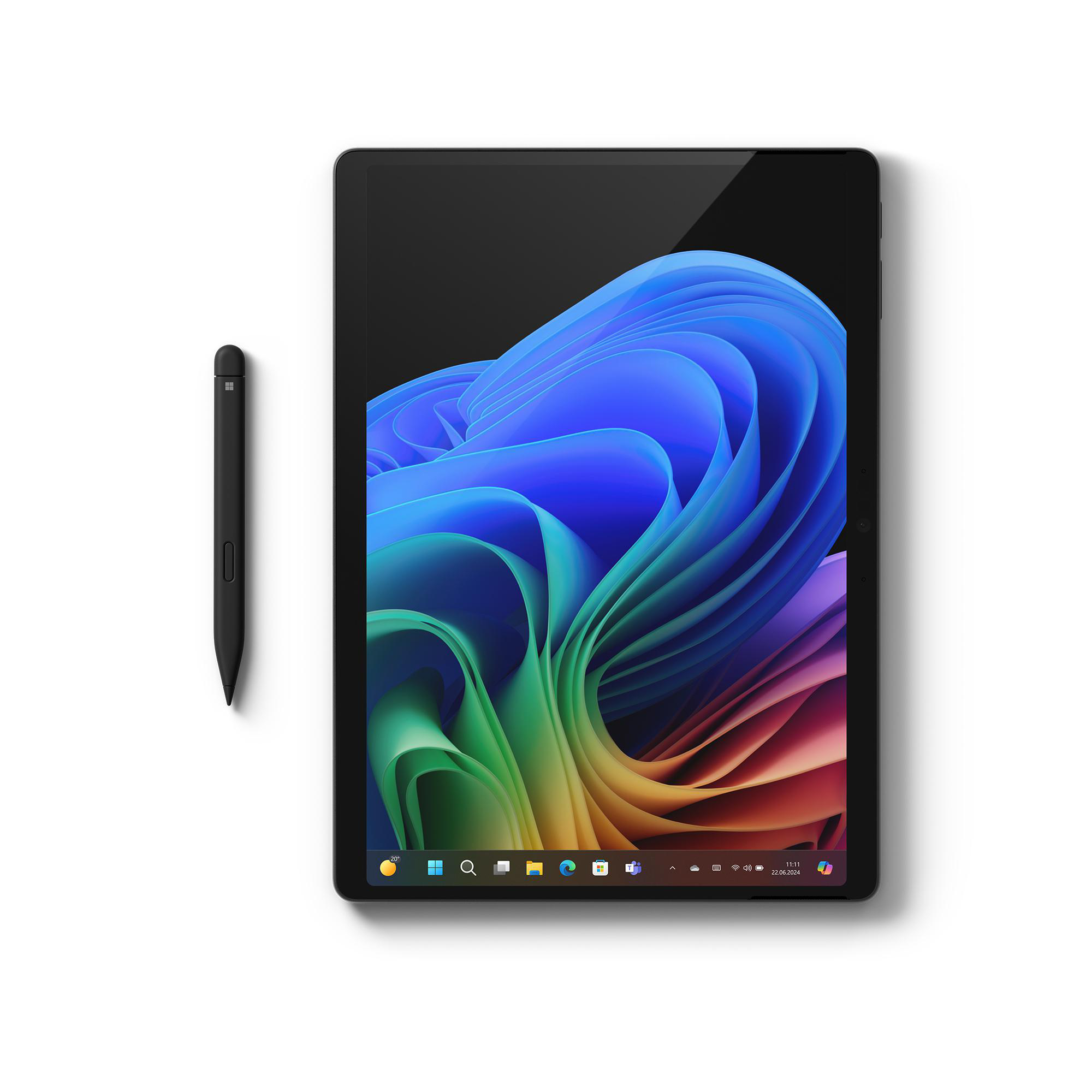 Tablet mit schwarzem Bildschirm, Stift und weißem Hintergrund.