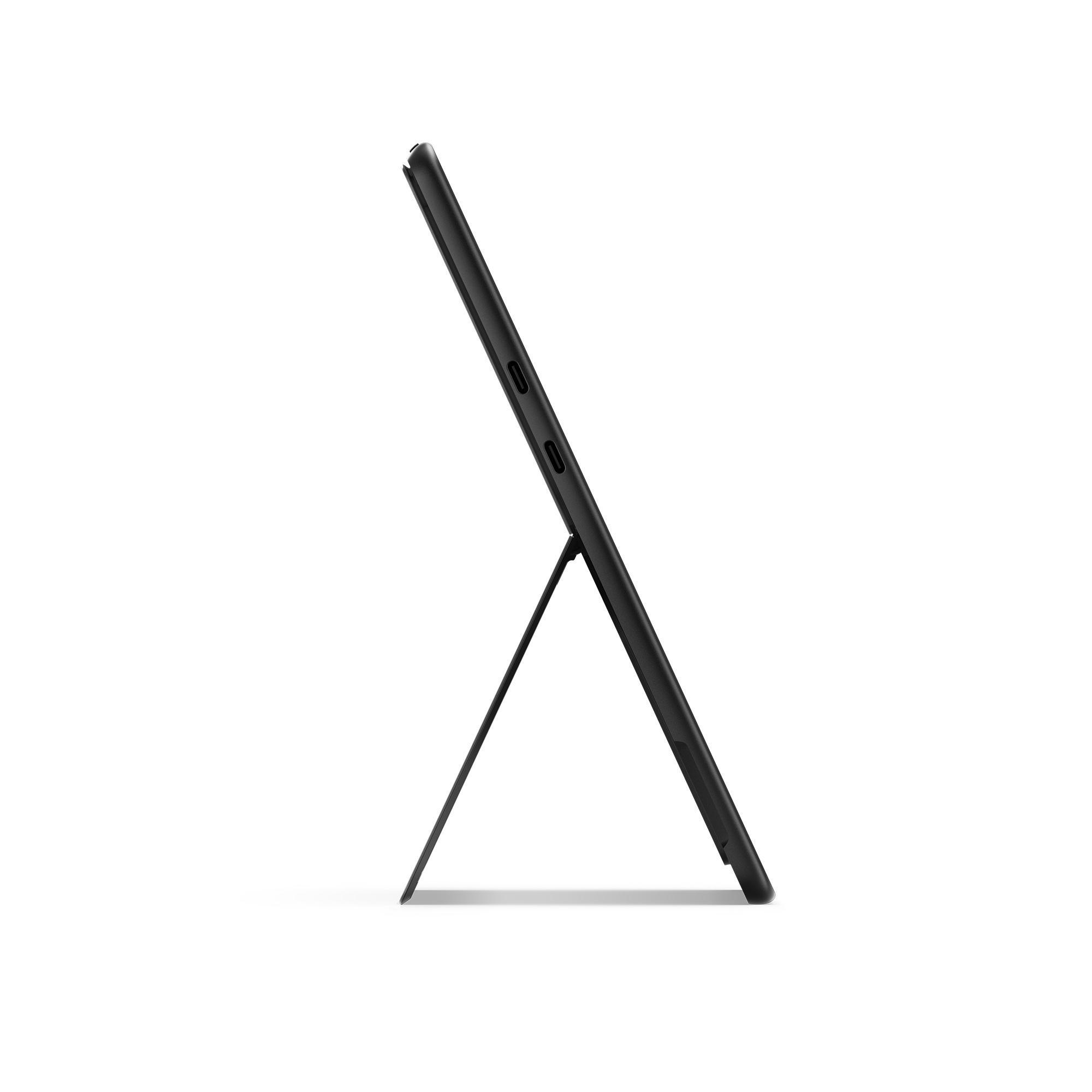 Tablet auf Ständer, Seitenansicht, schwarz, weißer Hintergrund.