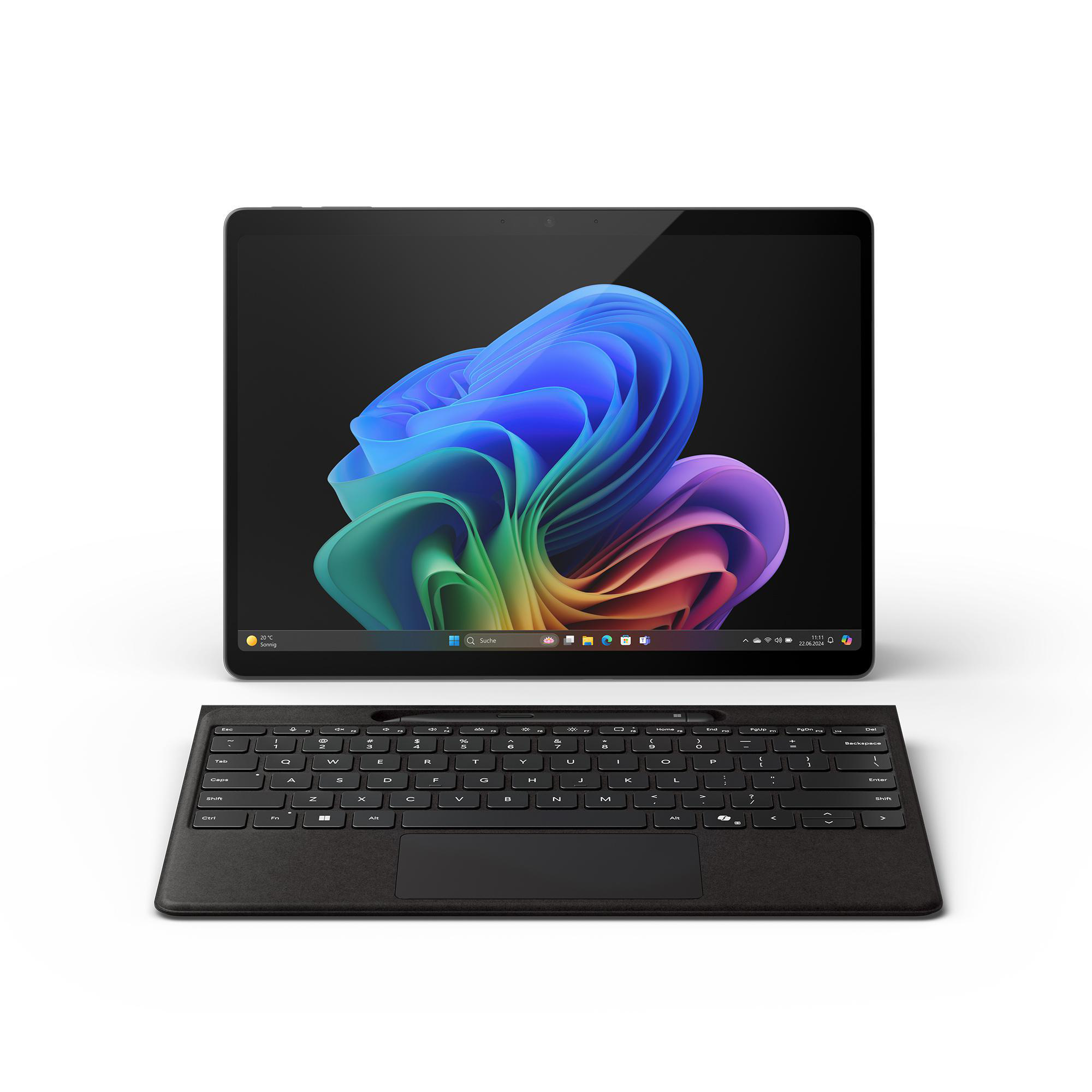 Ein schwarzes Tablet mit angeschlossener Tastatur, das ein farbenfrohes abstraktes Design auf dem Bildschirm zeigt.