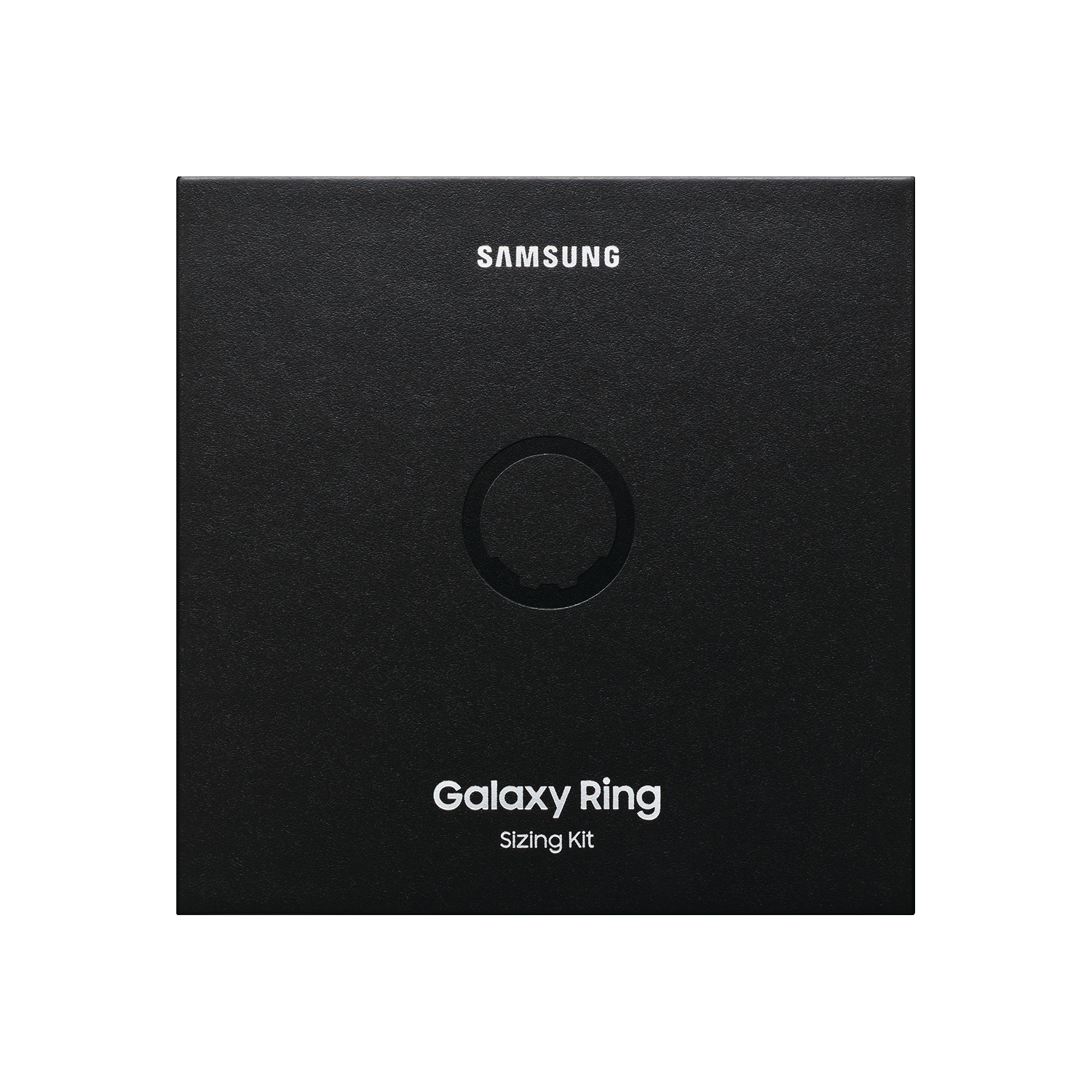 Schwarze Box mit Samsung-Logo und Galaxy Ring-Text, mit ringförmigem Ausschnitt.