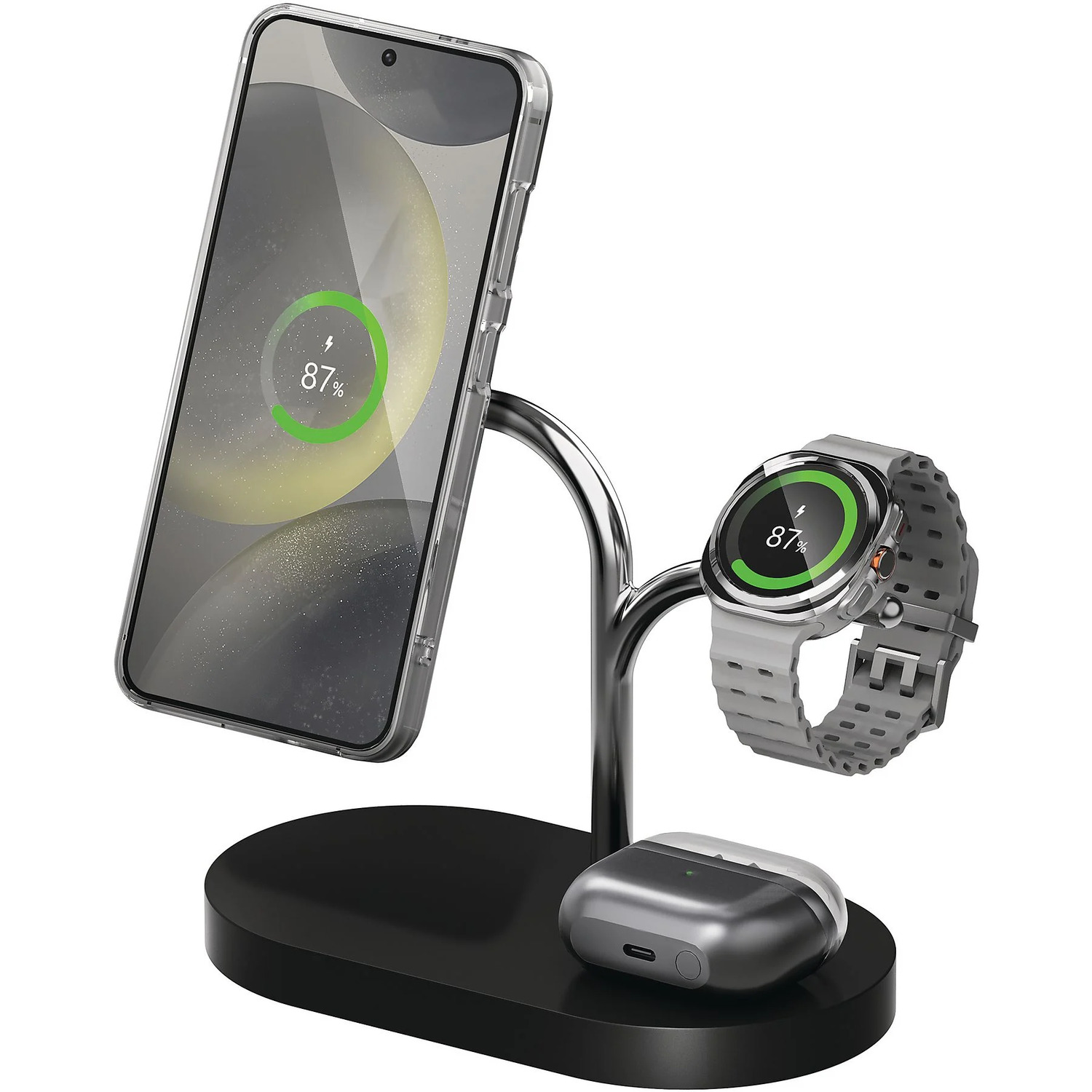 Un téléphone, une montre intelligente et des écouteurs se rechargeant sur un support noir.