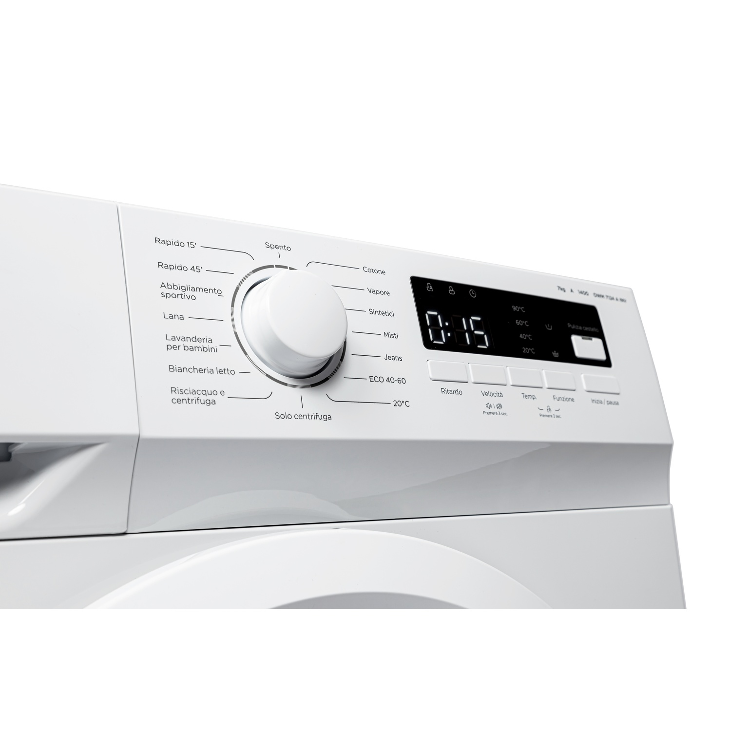 Pannello di controllo della lavatrice bianco con quadrante e display digitale, ripresa ravvicinata.