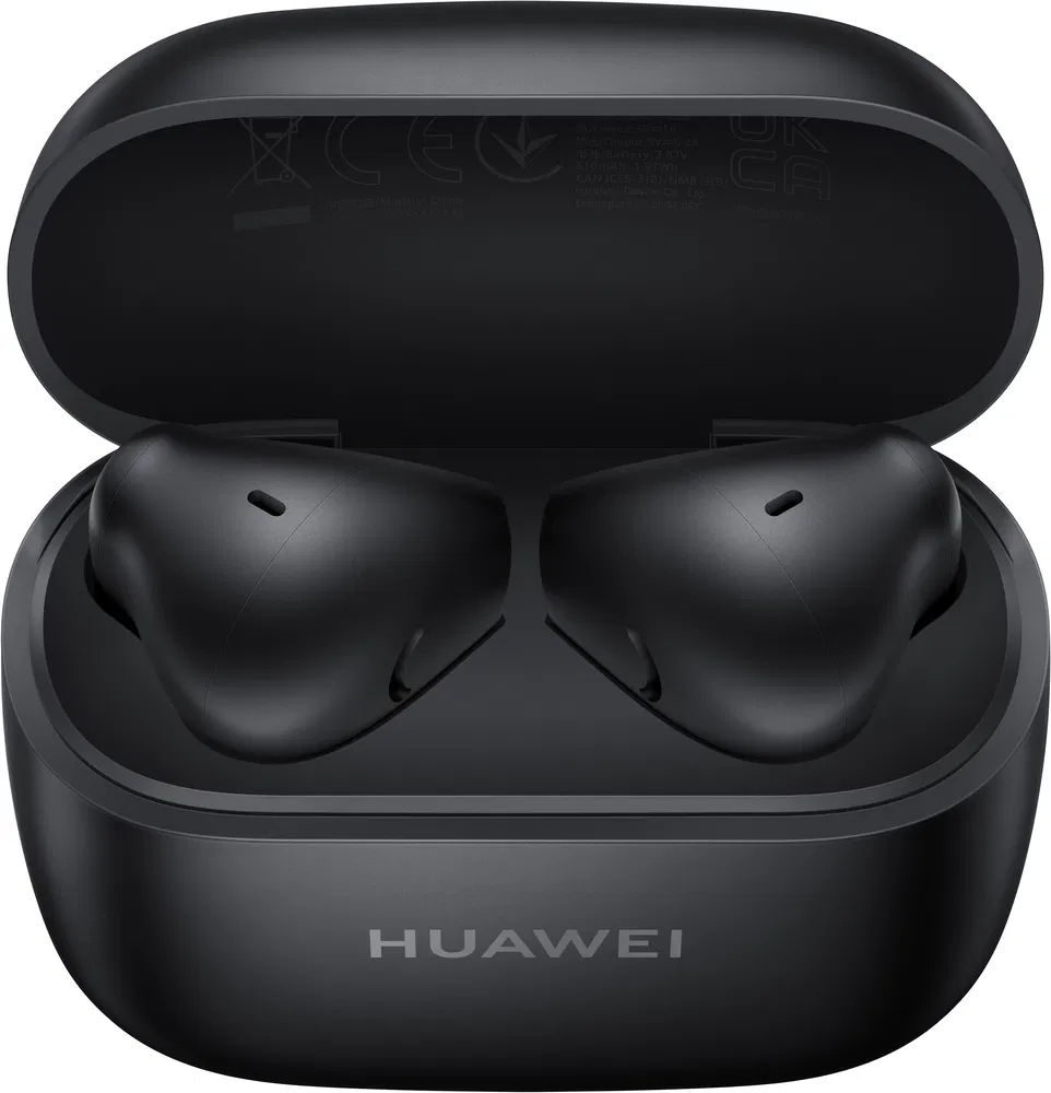 Fekete fülhallgatók töltőtokban, Huawei logóval.