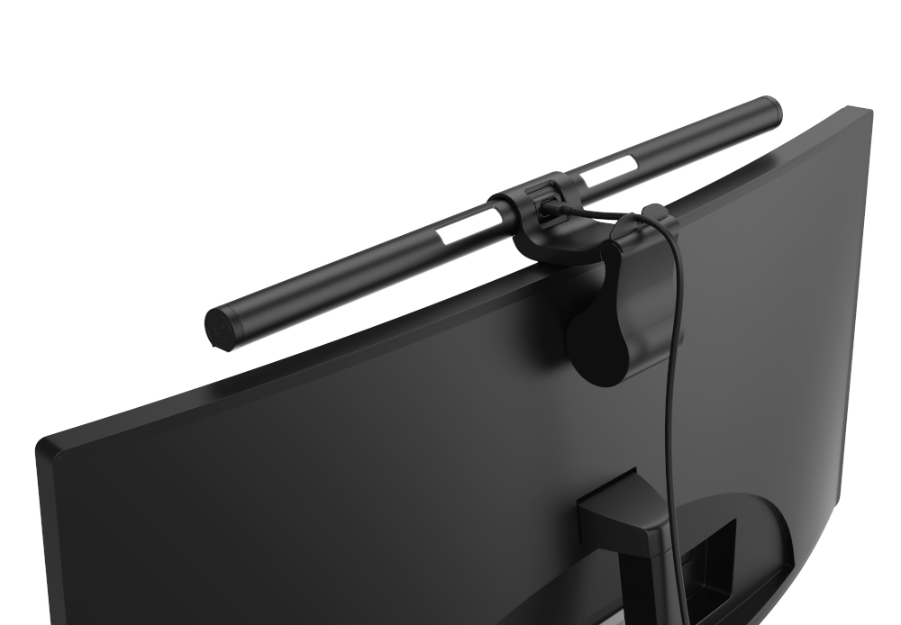 Czarny pasek świetlny przymocowany do tyłu zakrzywionego monitora.