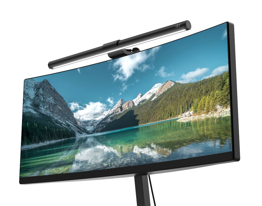 Zakrzywiony monitor ze światłem i górami.