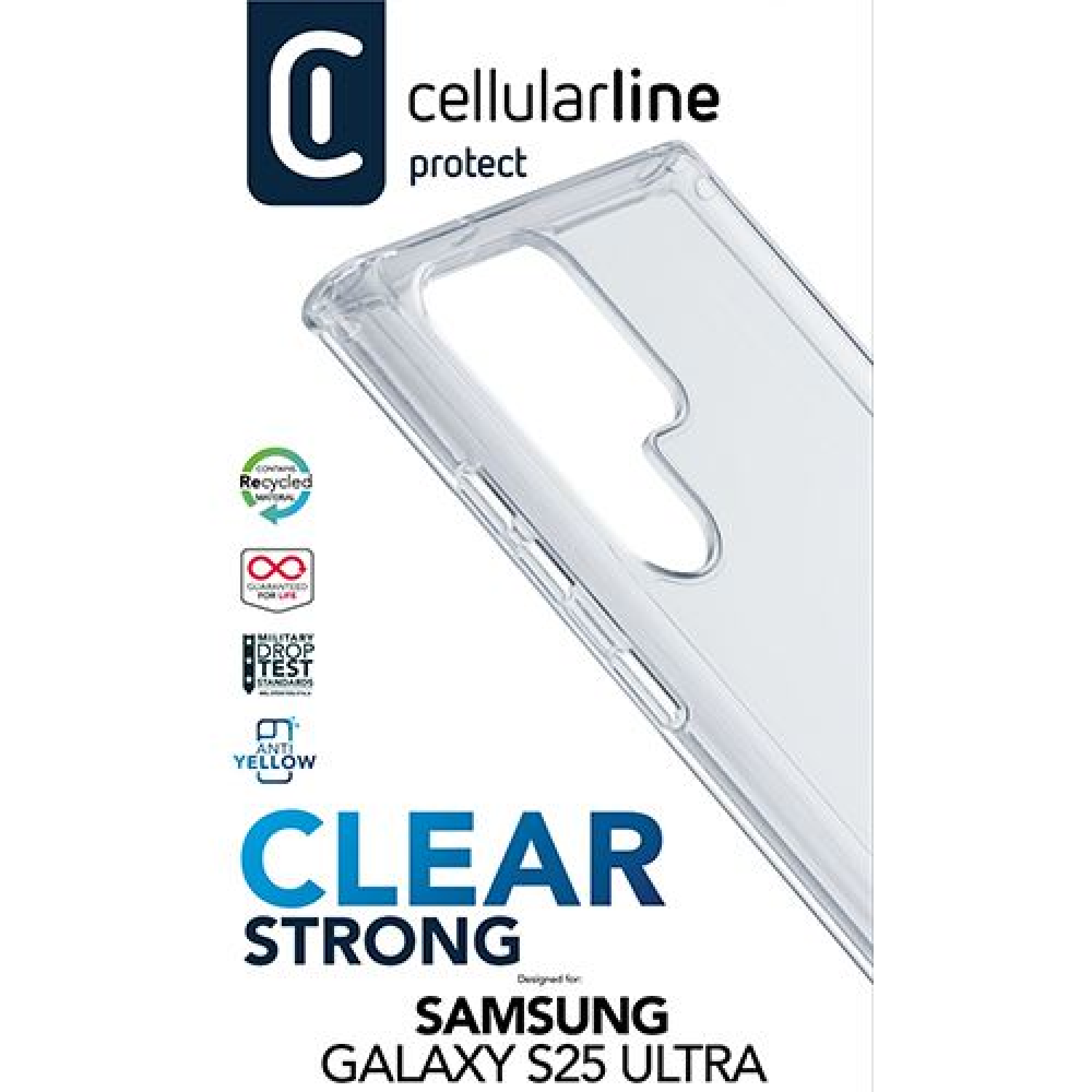 Packaging: Logo CellularLine Protect, funda transparente. Texto e iconos: "Recycled material, antiyellow, military test, designed for Samsun Galaxy S25 Ultra".