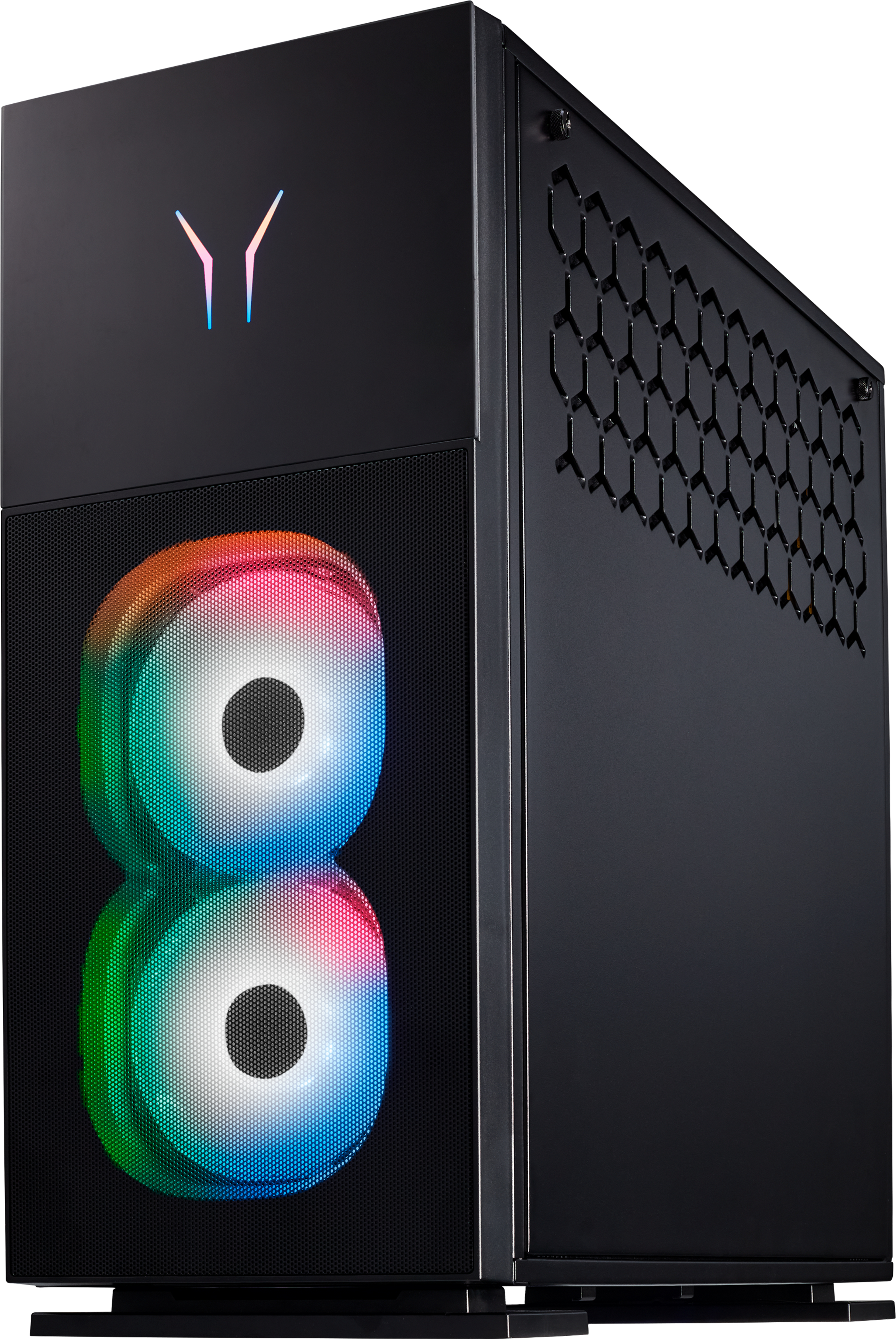 Un case per computer desktop nero con una parte anteriore a rete e due ventole illuminate con luci colorate.