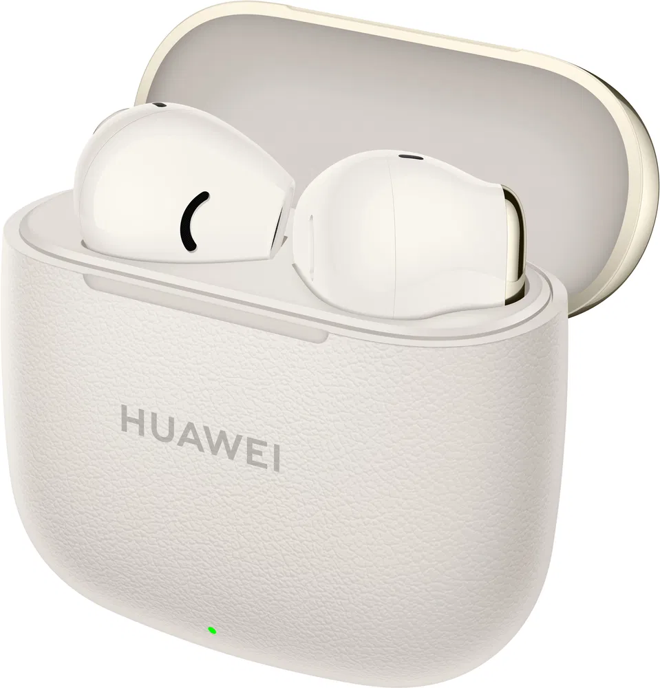 Fehér Huawei fülhallgató fehér tokban, nyitva, zöld fénnyel.