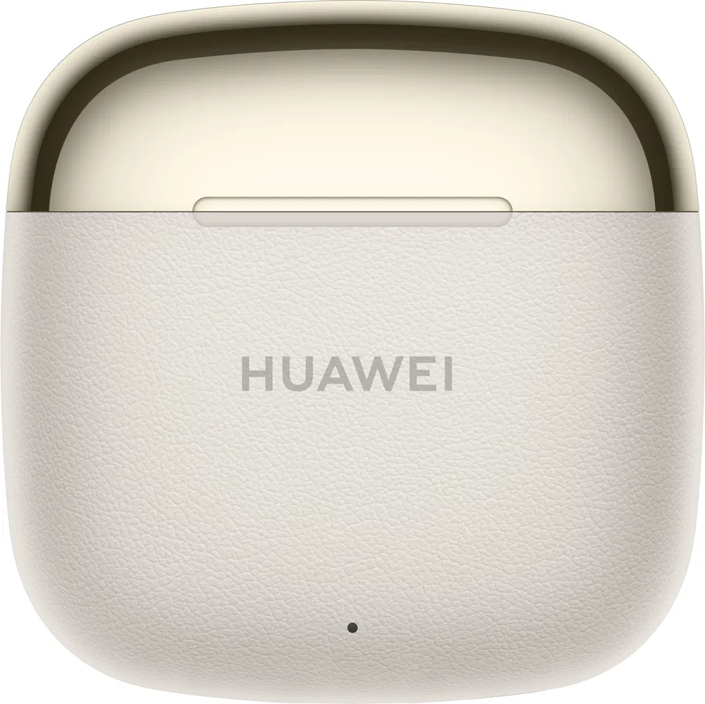 Fehér-arany fülhallgató töltőtok Huawei logóval.