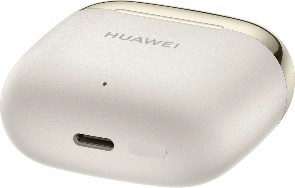 Fehér-arany Huawei fülhallgató tok, töltőport látható, fehér háttér.