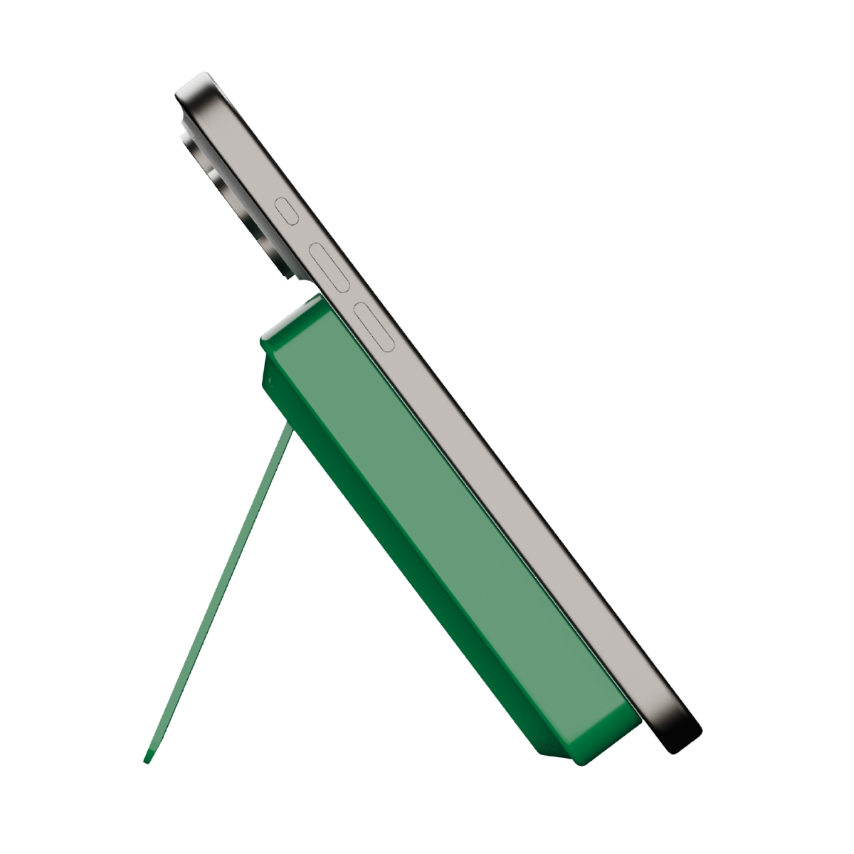 Yeşil bir stand üzerinde gümüş renkli bir telefon.