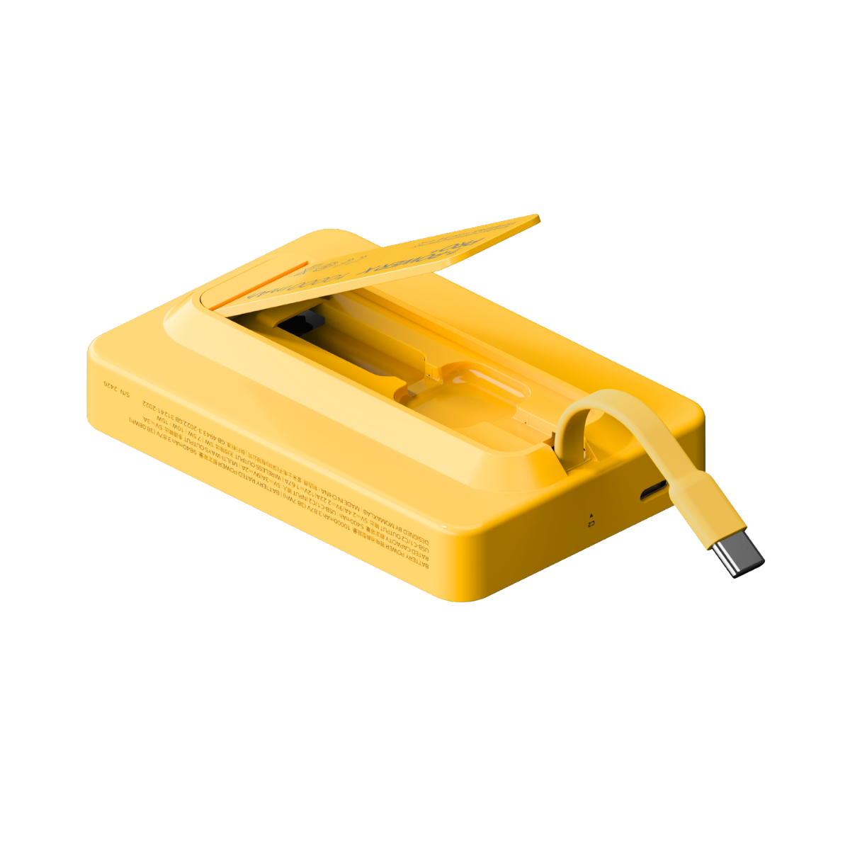 USB-C kablosu ve açık sarı bir powerbank. Siyah zemin.