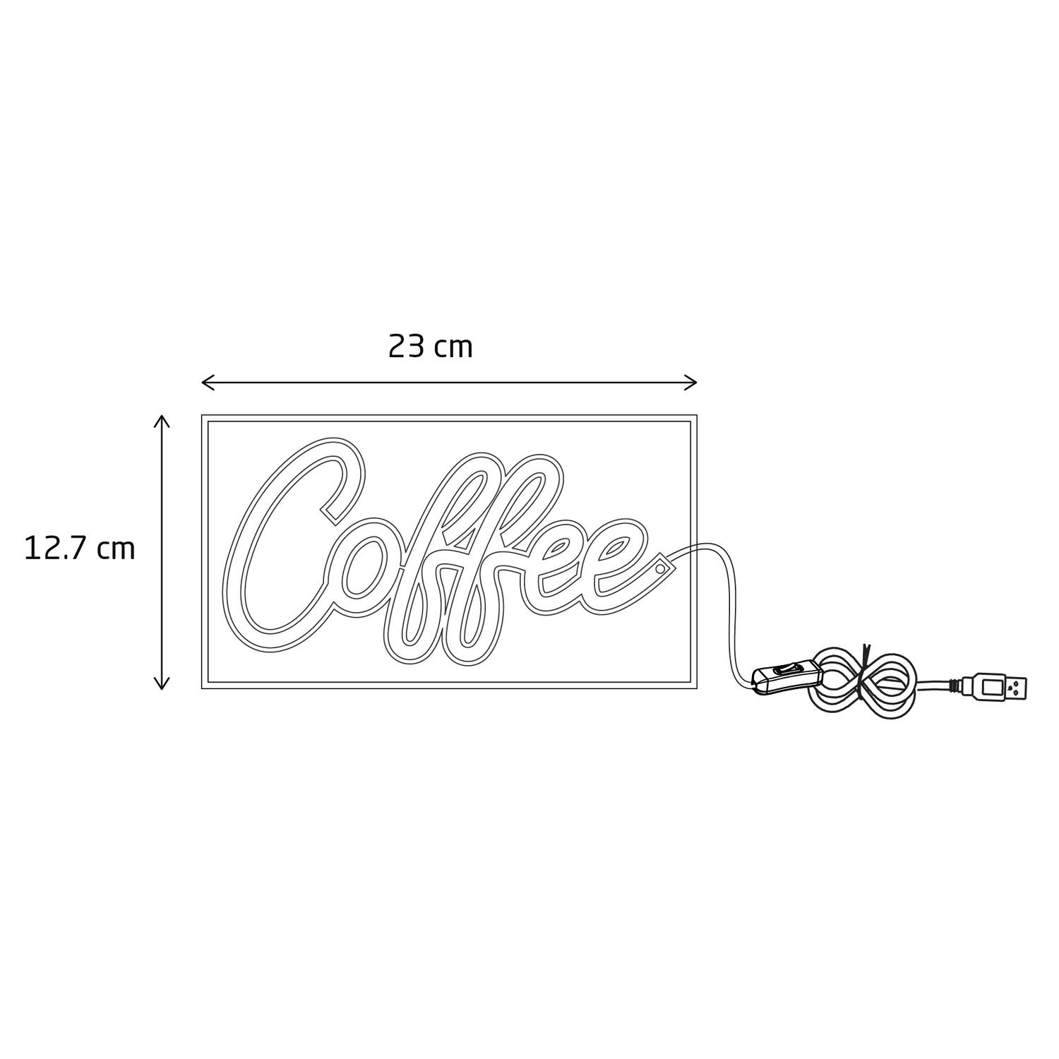Neon sign that says Coffee with dimensions.