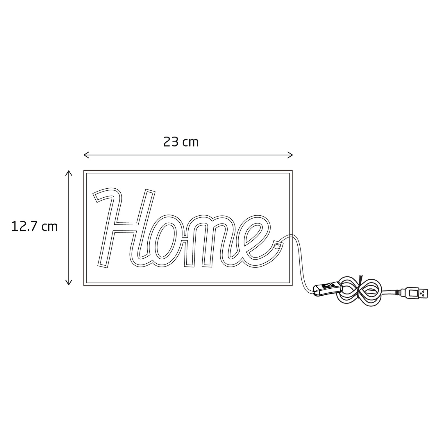 Neon sign that says Home. Measures 23cm x 12.7cm.