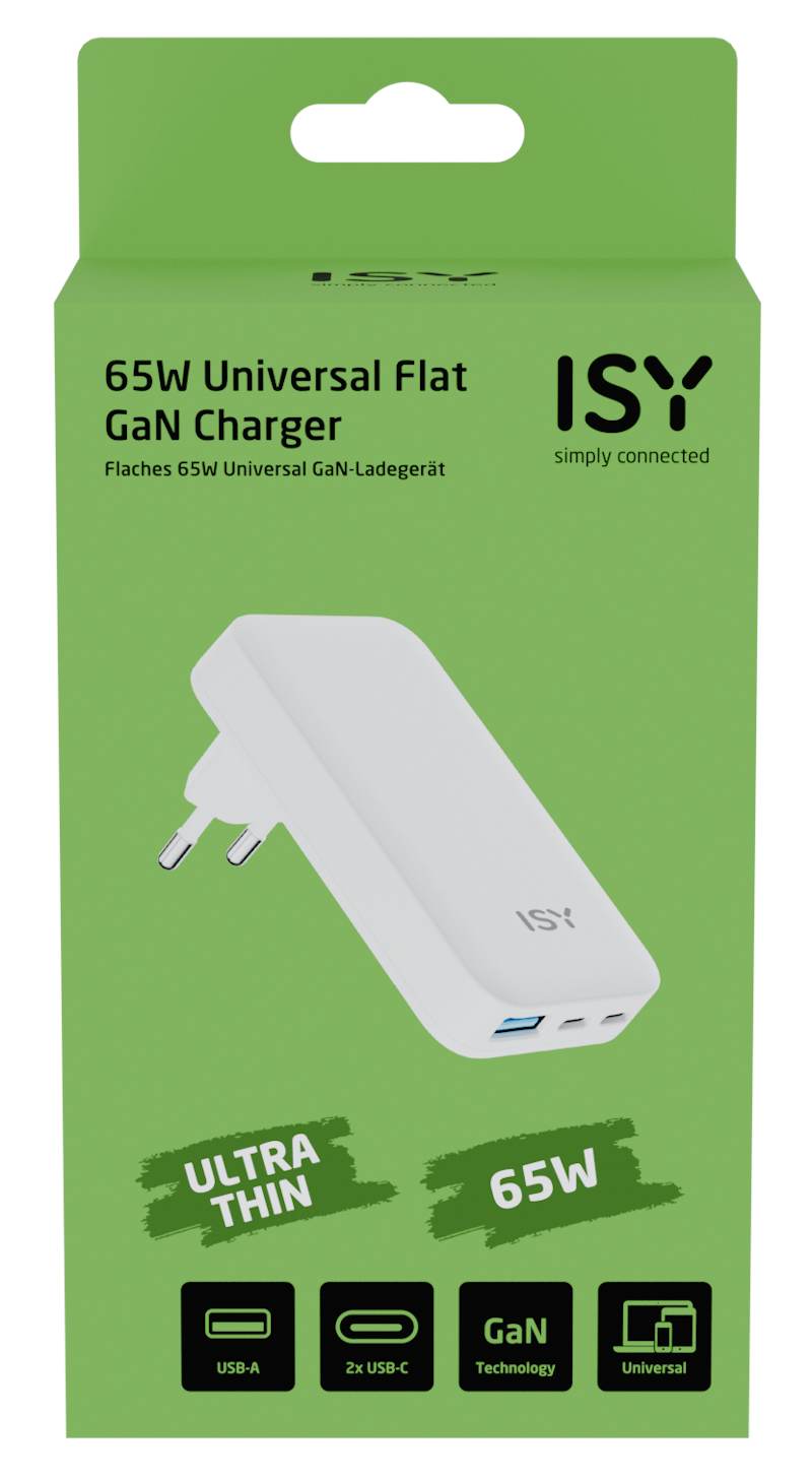 Biała ładowarka z wtyczką i portami w zielonym pudełku.