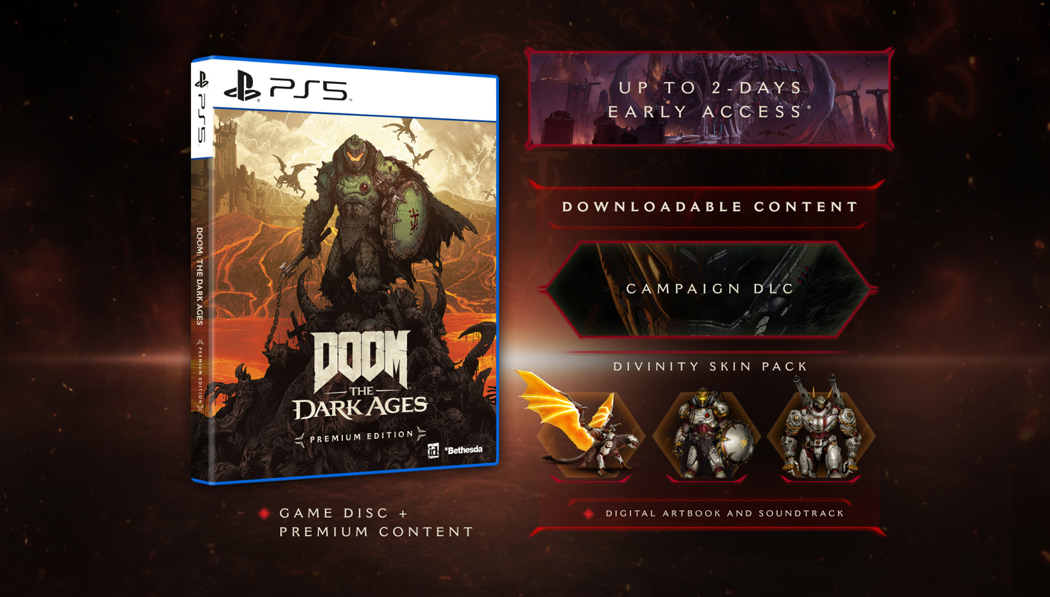 Spielbox für DOOM: The Dark Ages, Premium Edition, für PS5, mit Spieldetails und Grafiken.