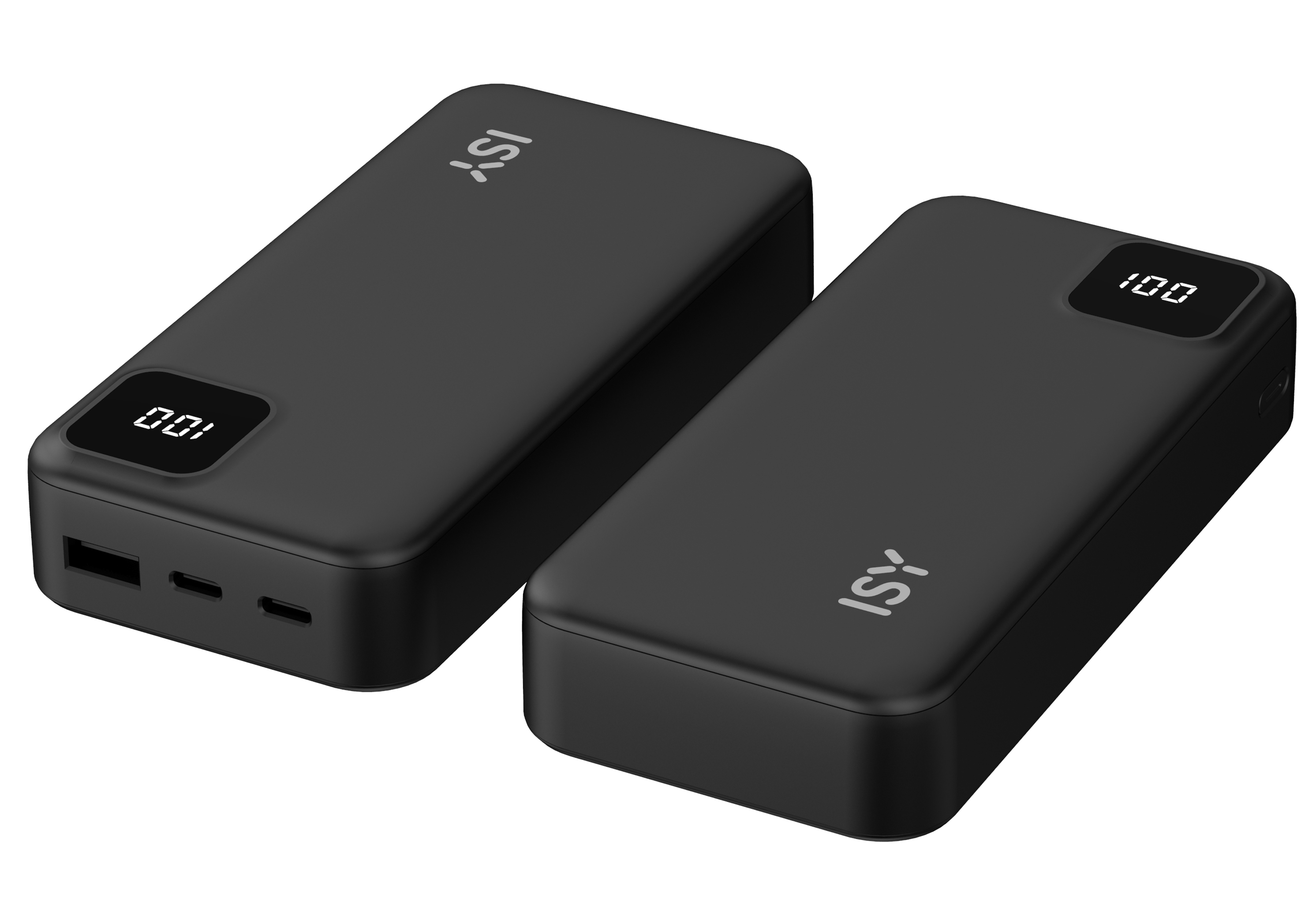 Dwa czarne power banki z wyświetlaczami cyfrowymi pokazującymi 00 i 100 na białym tle.