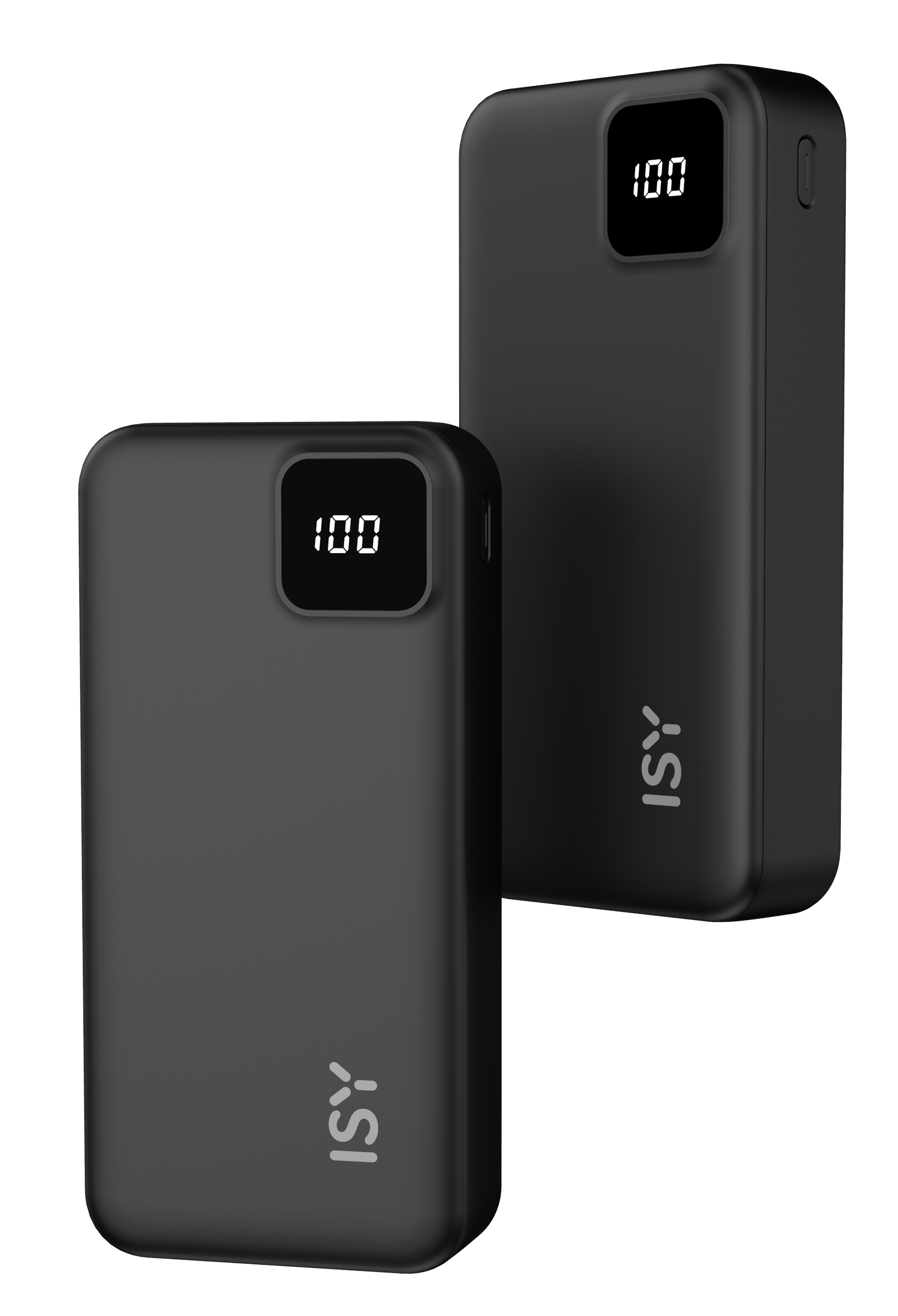 Dwa czarne power banki z wyświetlaczami cyfrowymi pokazującymi 100, na białym tle.
