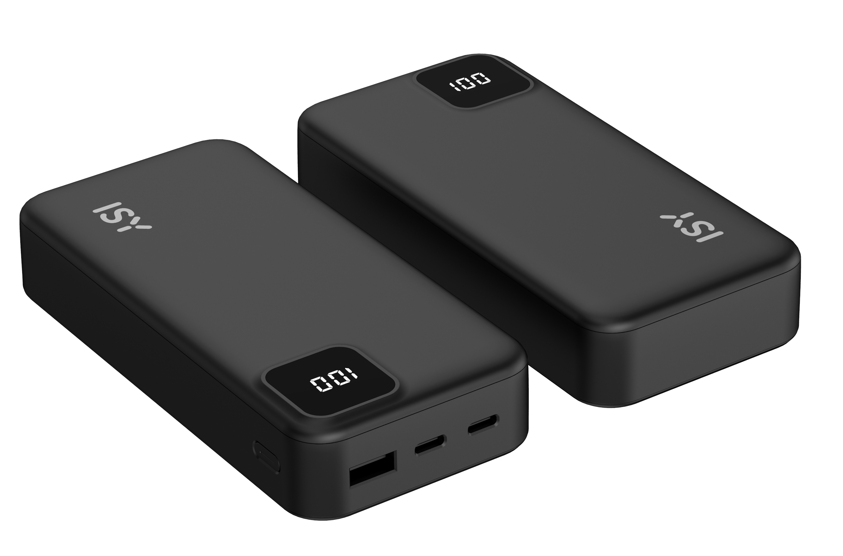 Dwa czarne powerbanki z wyświetlaczami cyfrowymi pokazującymi poziom naładowania baterii.