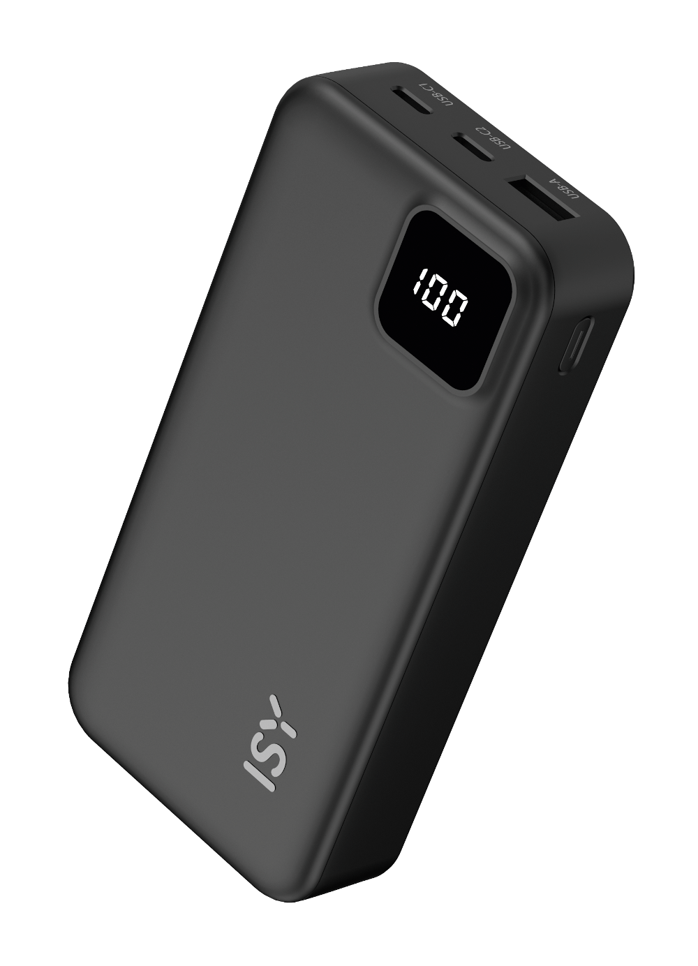 Czarny power bank z cyfrowym wyświetlaczem pokazującym 100% naładowania i porty.