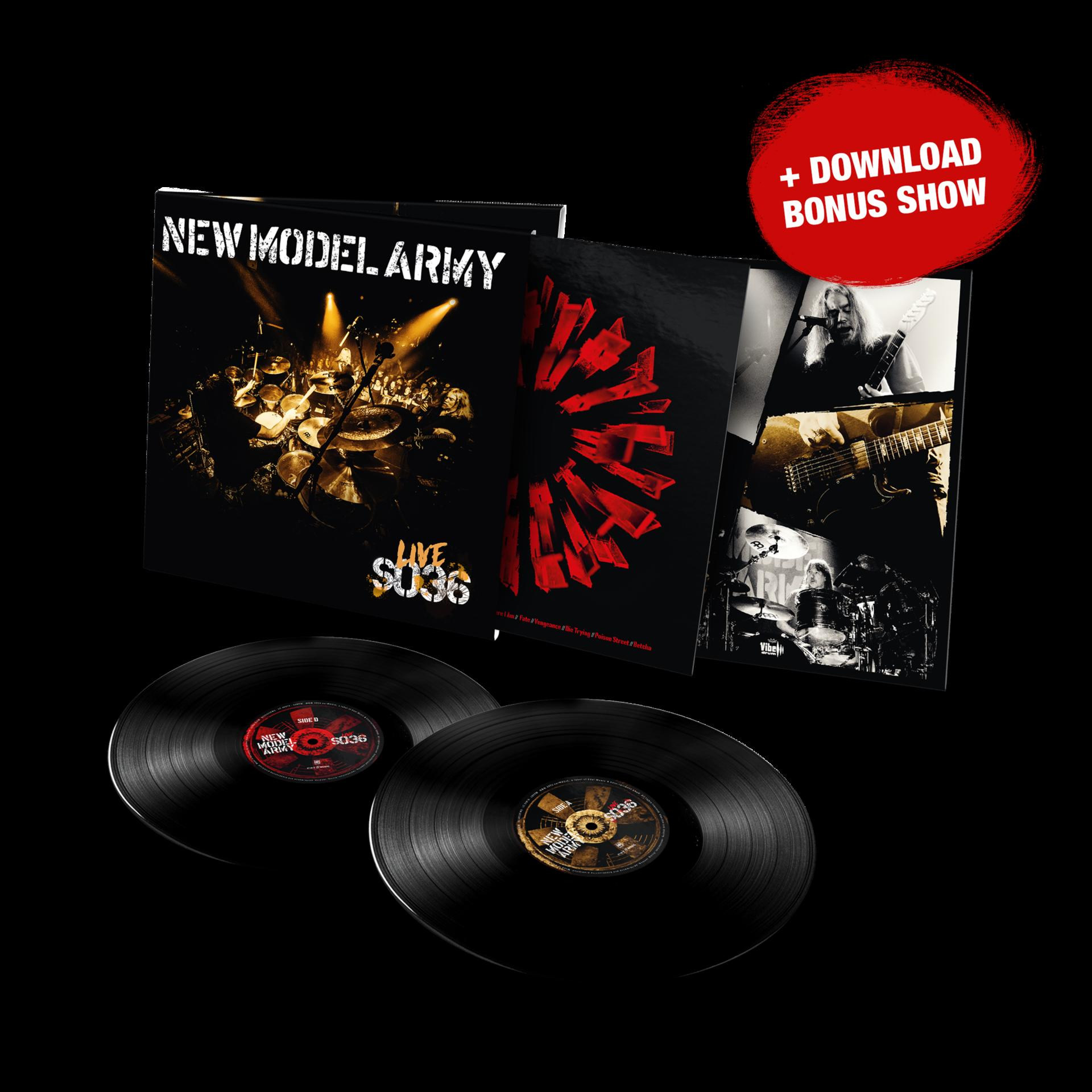 Albumcover und zwei Schallplatten von "New Model Army" auf schwarzem Hintergrund.